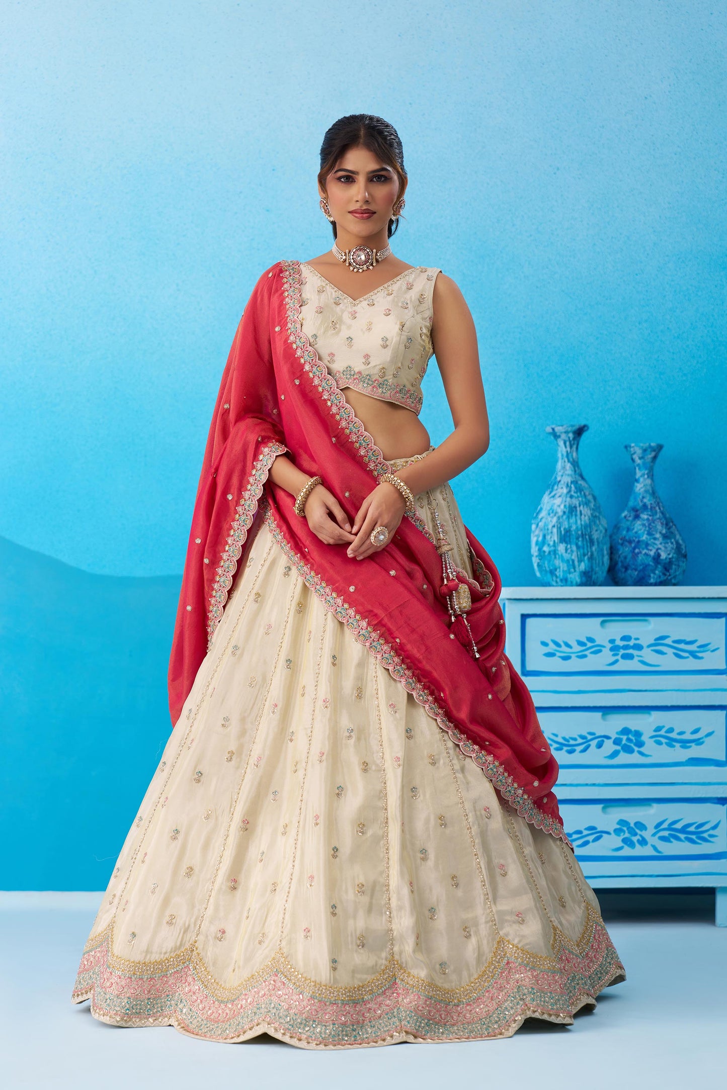 Cream & Pink Tissue Sequins Embroidered Wedding Guest Lehenga