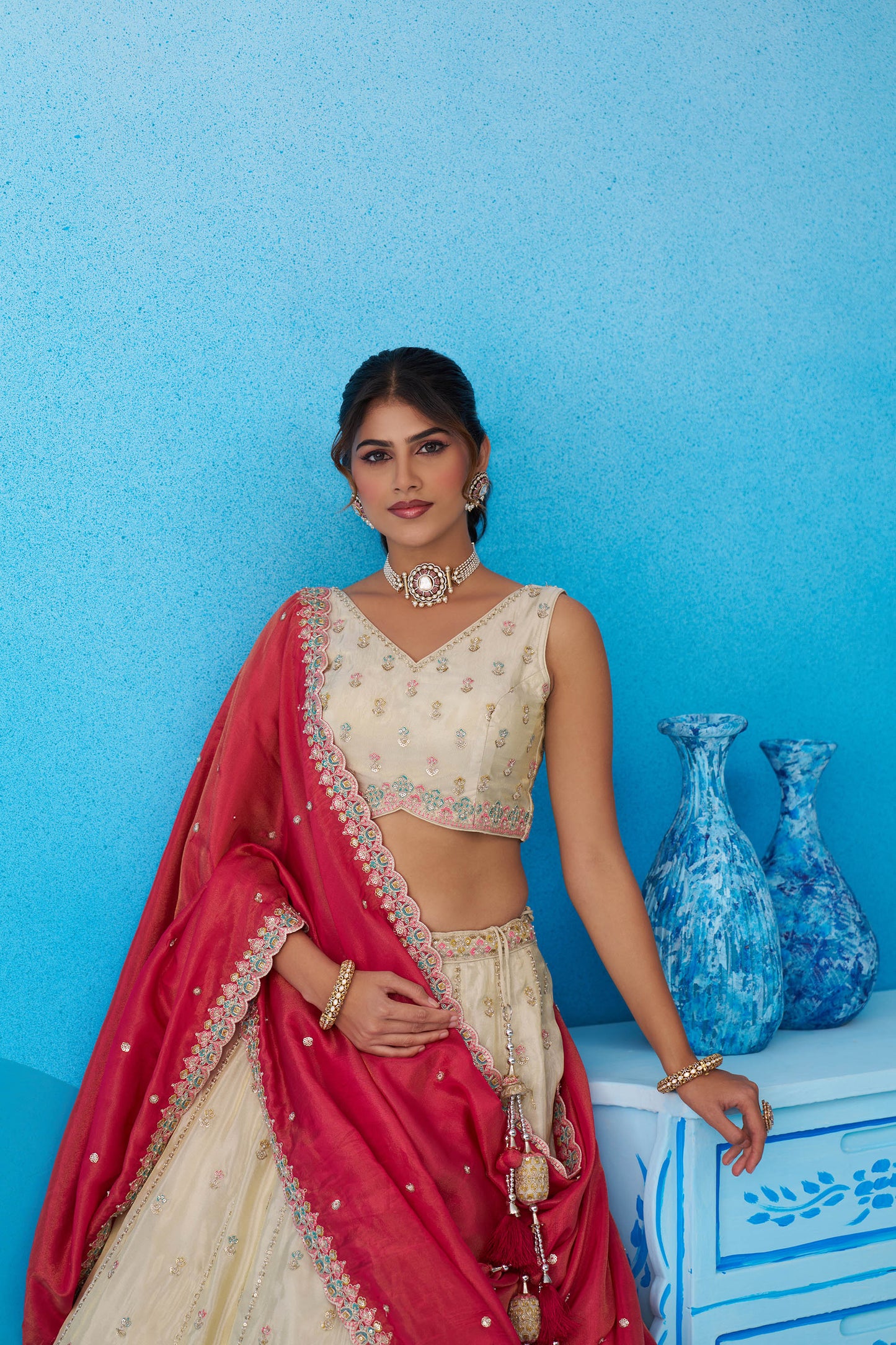 Cream & Pink Tissue Sequins Embroidered Wedding Guest Lehenga