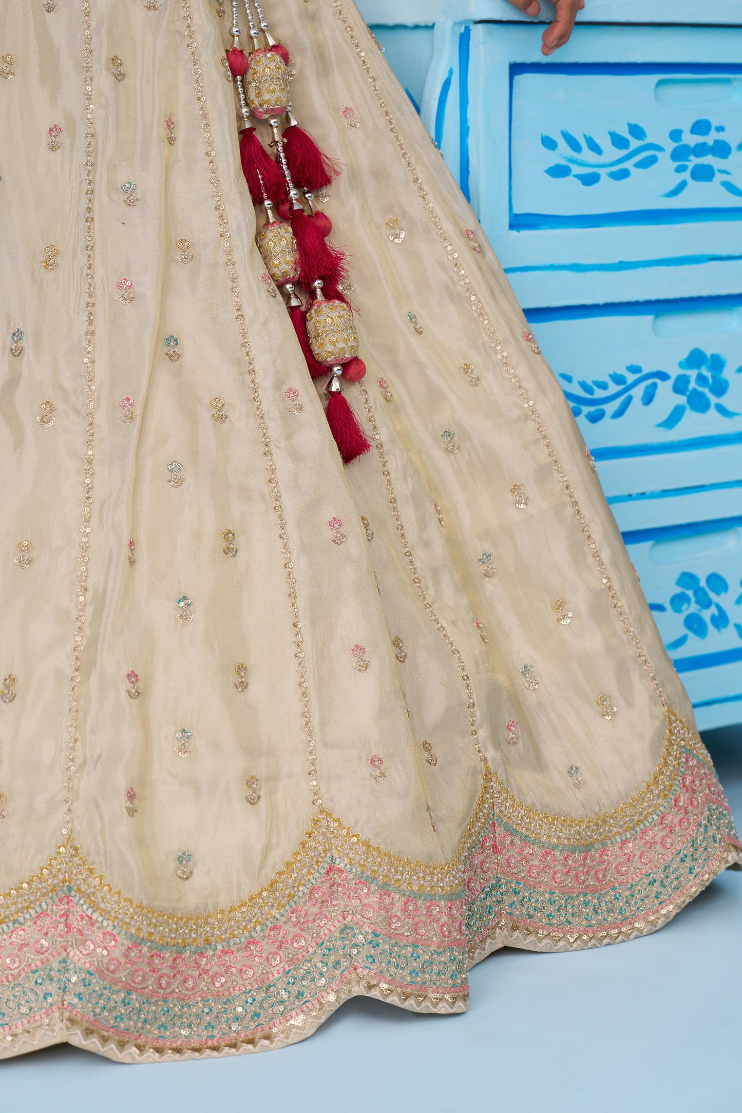 Cream & Pink Tissue Sequins Embroidered Wedding Guest Lehenga