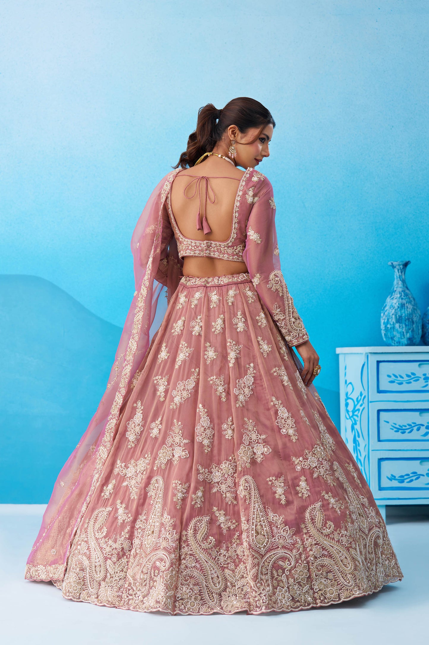 Pink Tissue Beads & Sequins Embroidered Bridal Lehenga Choli