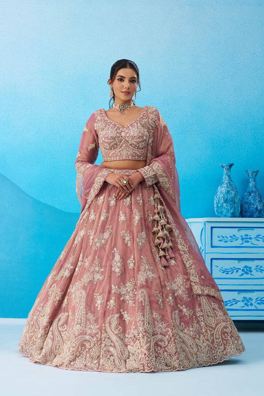 Pink Tissue Beads & Sequins Embroidered Bridal Lehenga Choli