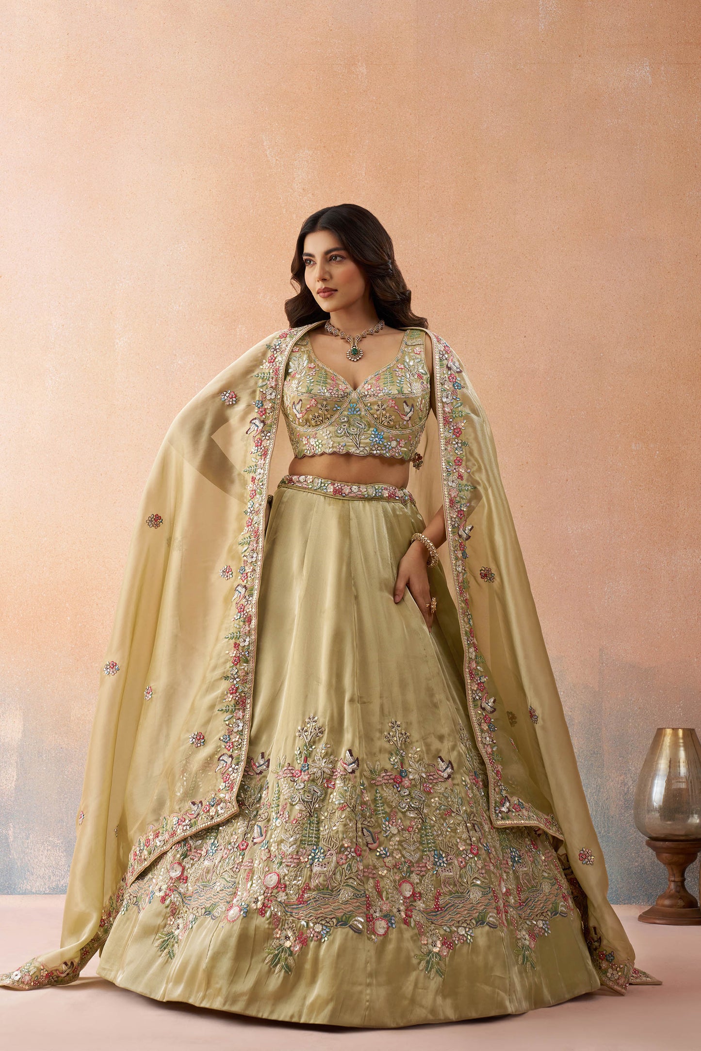 Beige Tissue Sequinned with Zarkan Embroidered Bridesmaid Lehenga for Sangeet