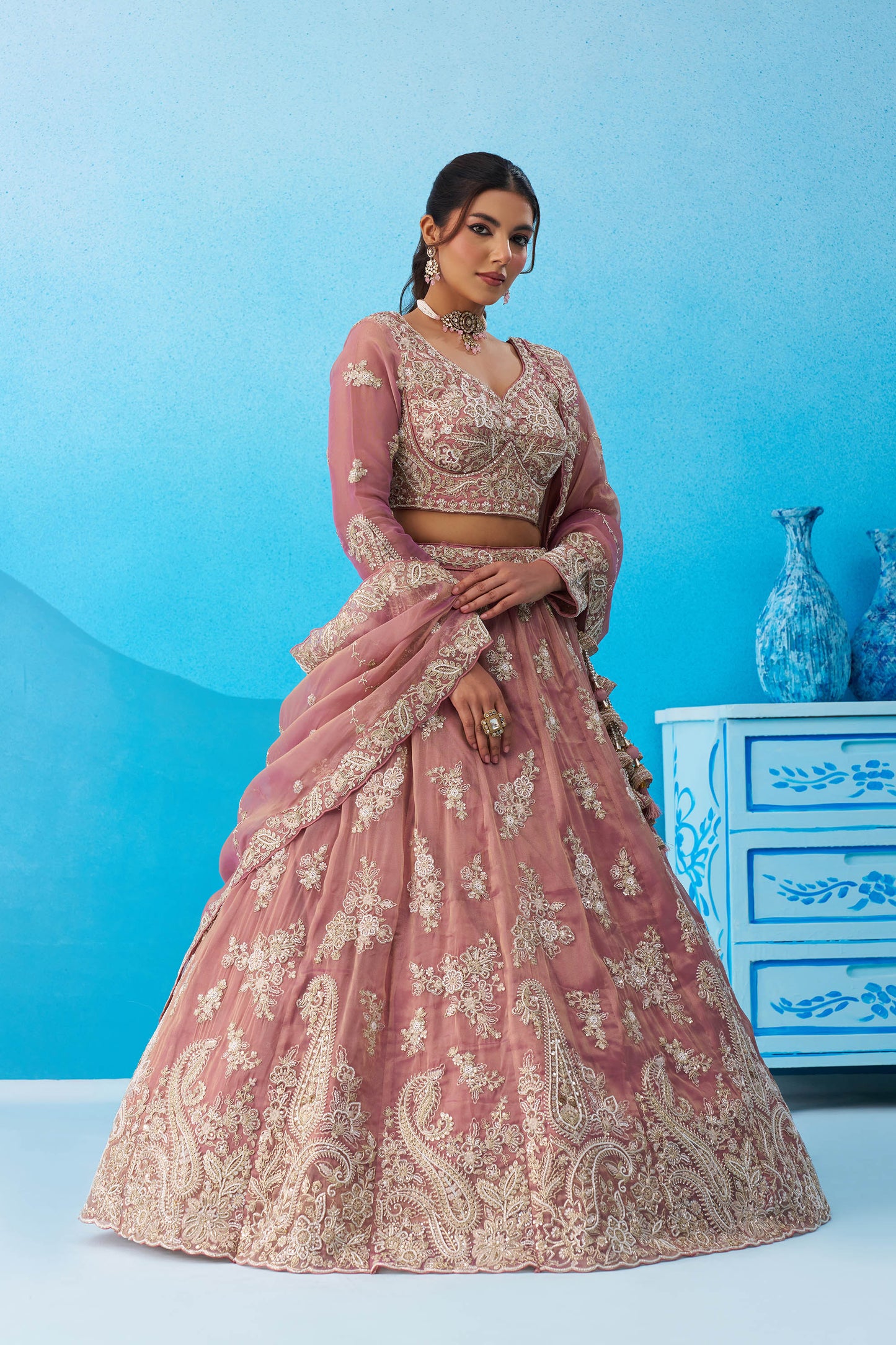 Pink Tissue Beads & Sequins Embroidered Bridal Lehenga Choli