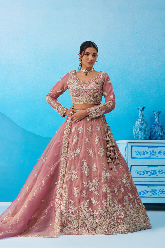 Pink Tissue Beads & Sequins Embroidered Bridal Lehenga Choli