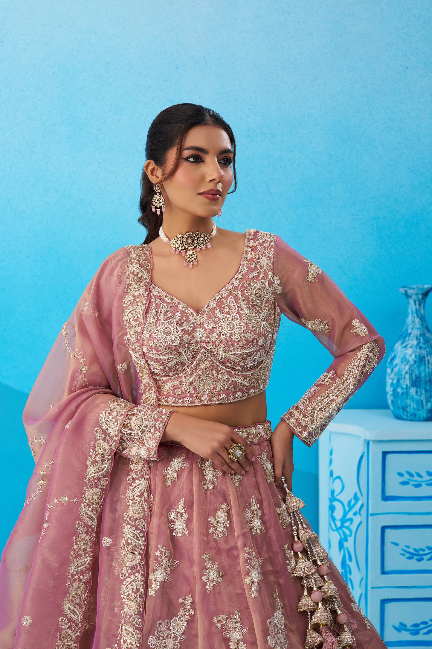 Pink Tissue Beads & Sequins Embroidered Bridal Lehenga Choli
