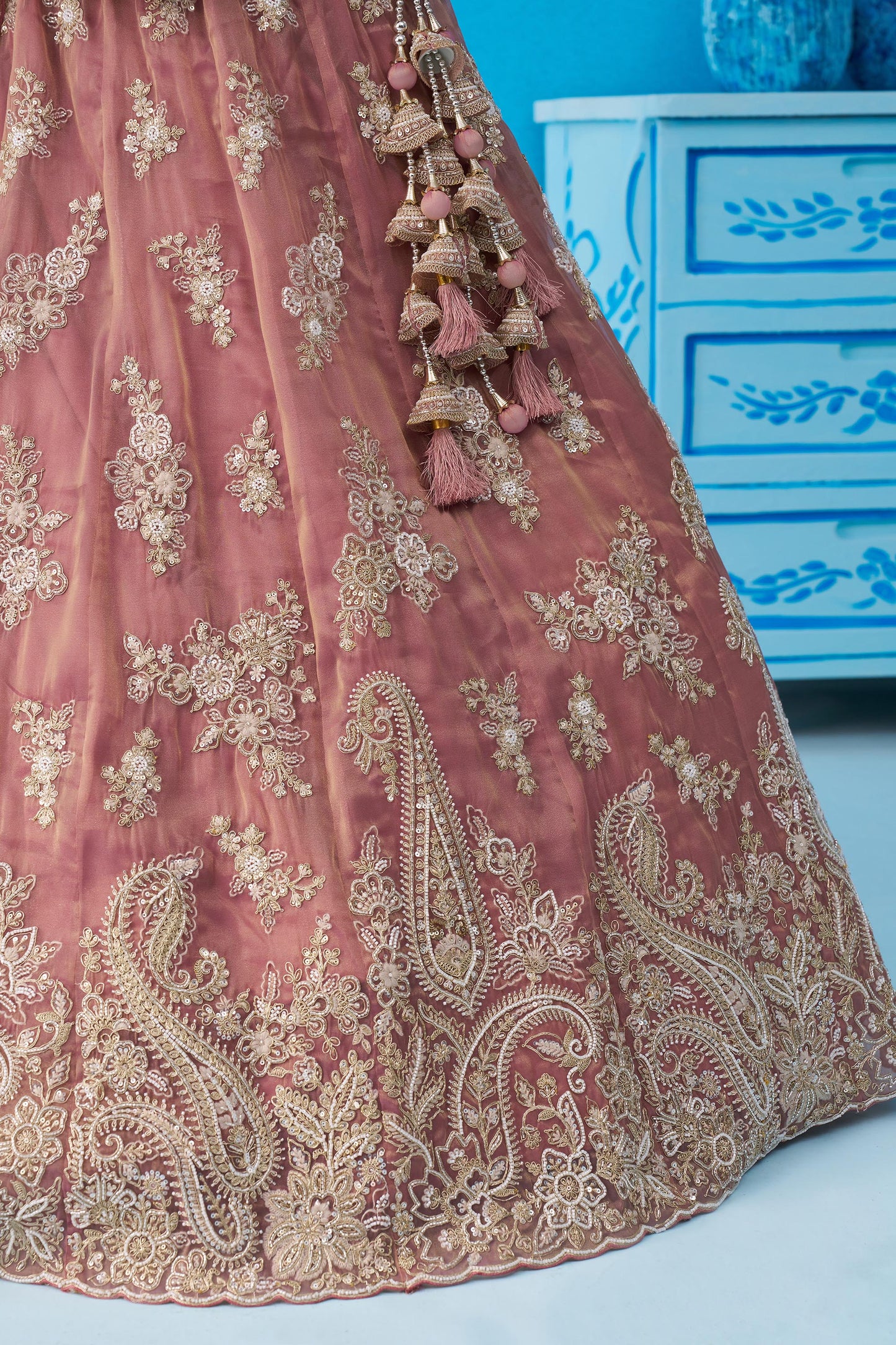 Pink Tissue Beads & Sequins Embroidered Bridal Lehenga Choli