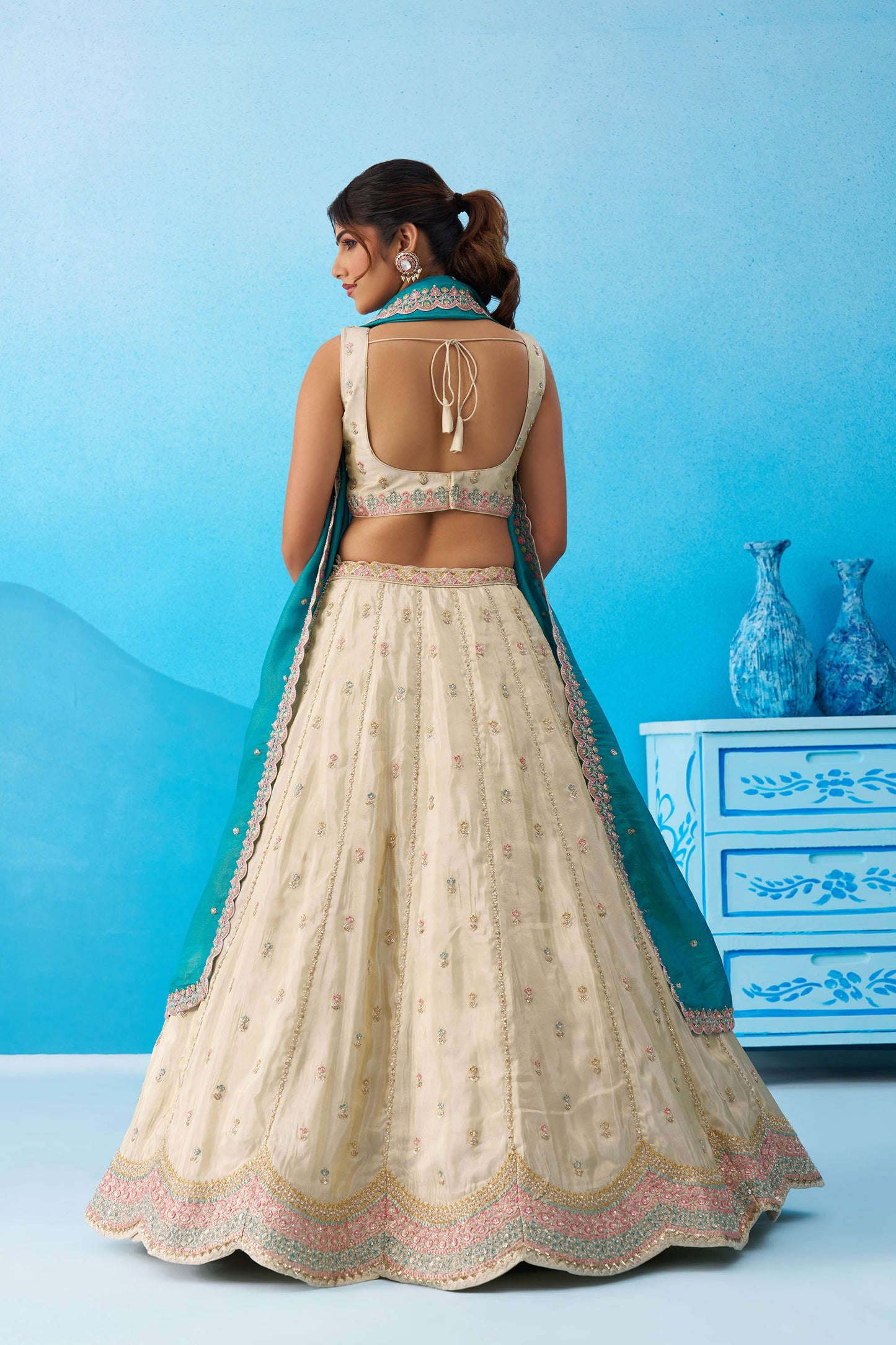 Cream & Rama Green Tissue Sequins Embroidered Lehenga for Guest