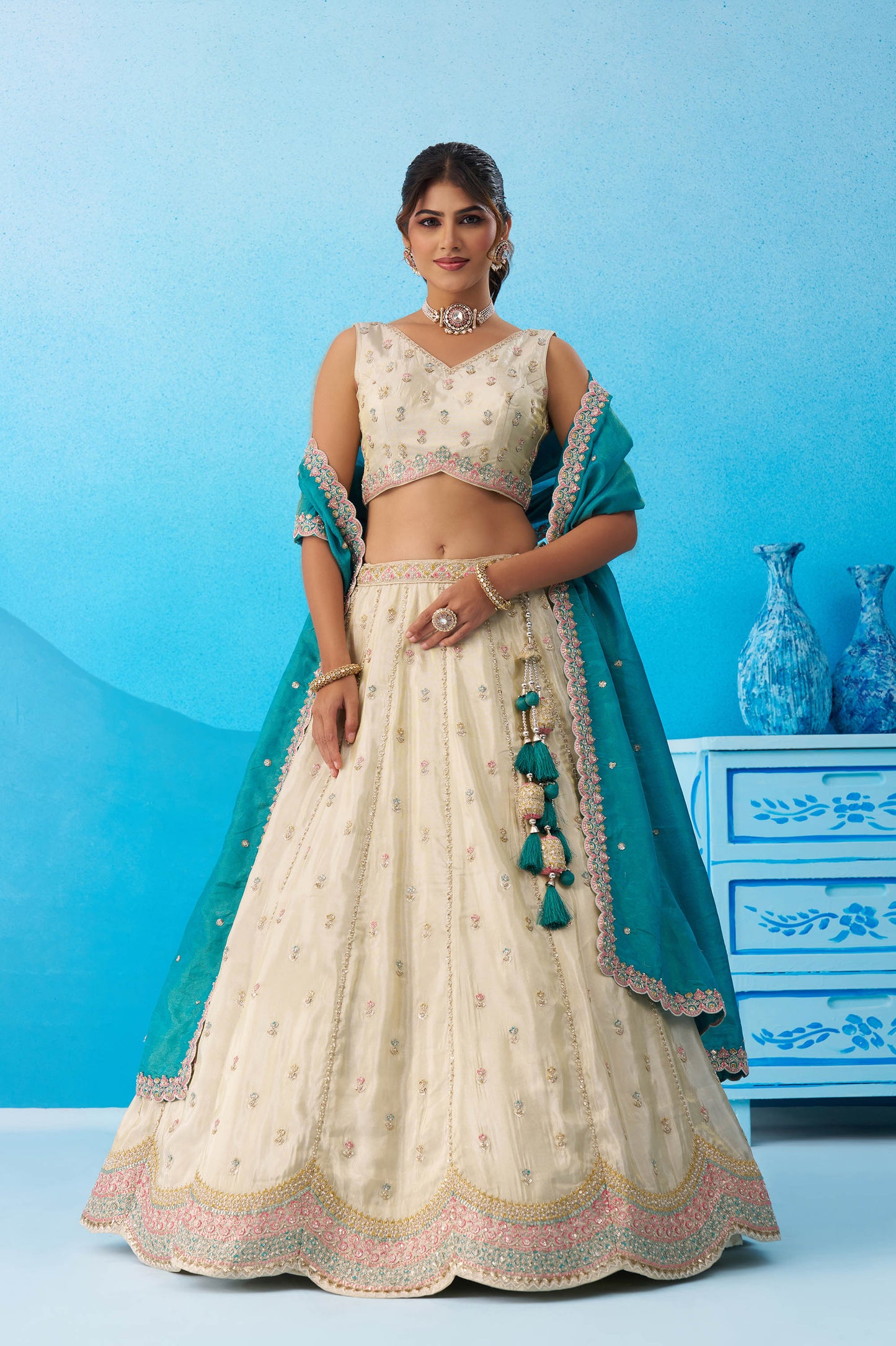 Cream & Rama Green Tissue Sequins Embroidered Lehenga for Guest