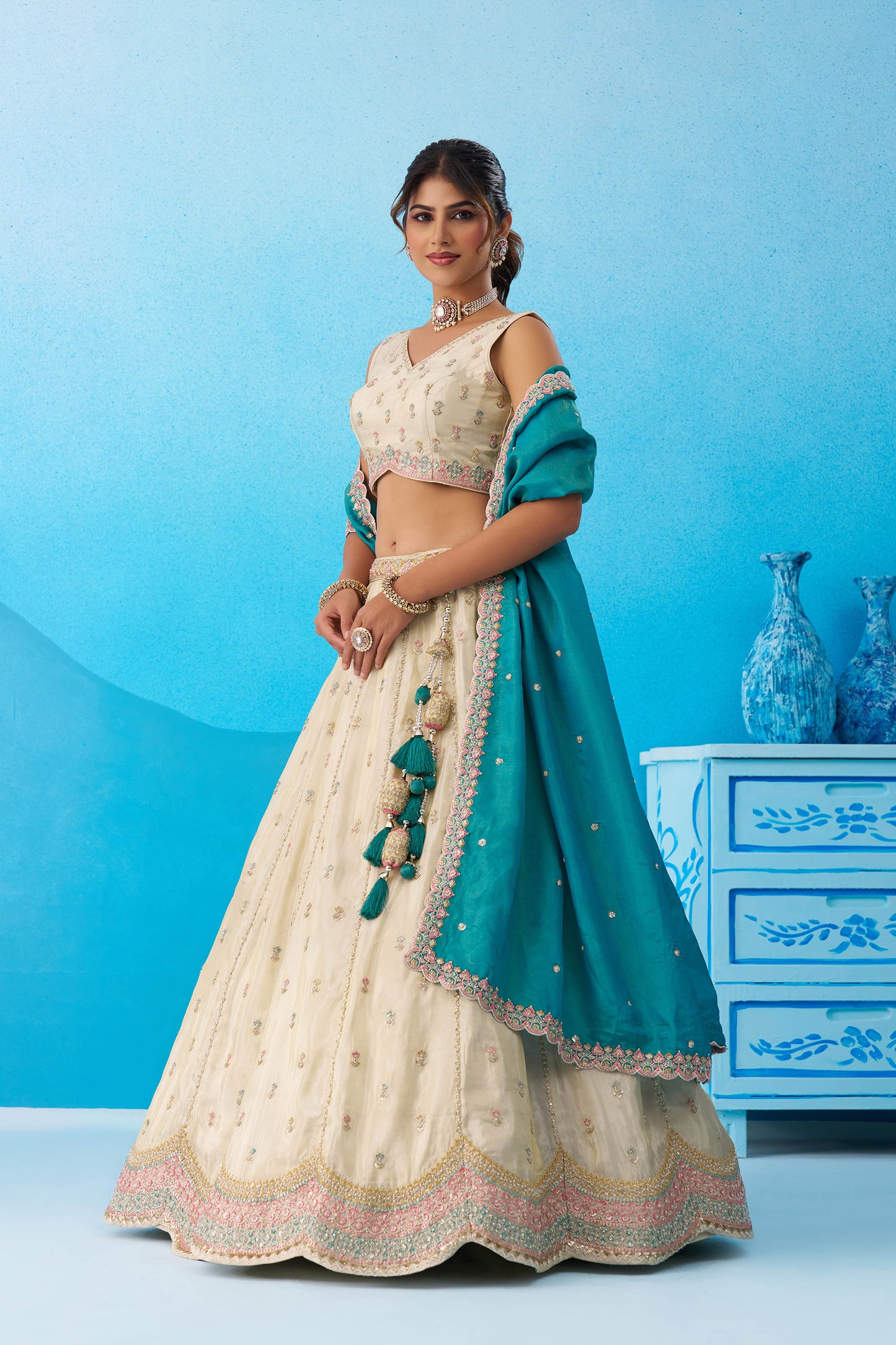 Cream & Rama Green Tissue Sequins Embroidered Lehenga for Guest