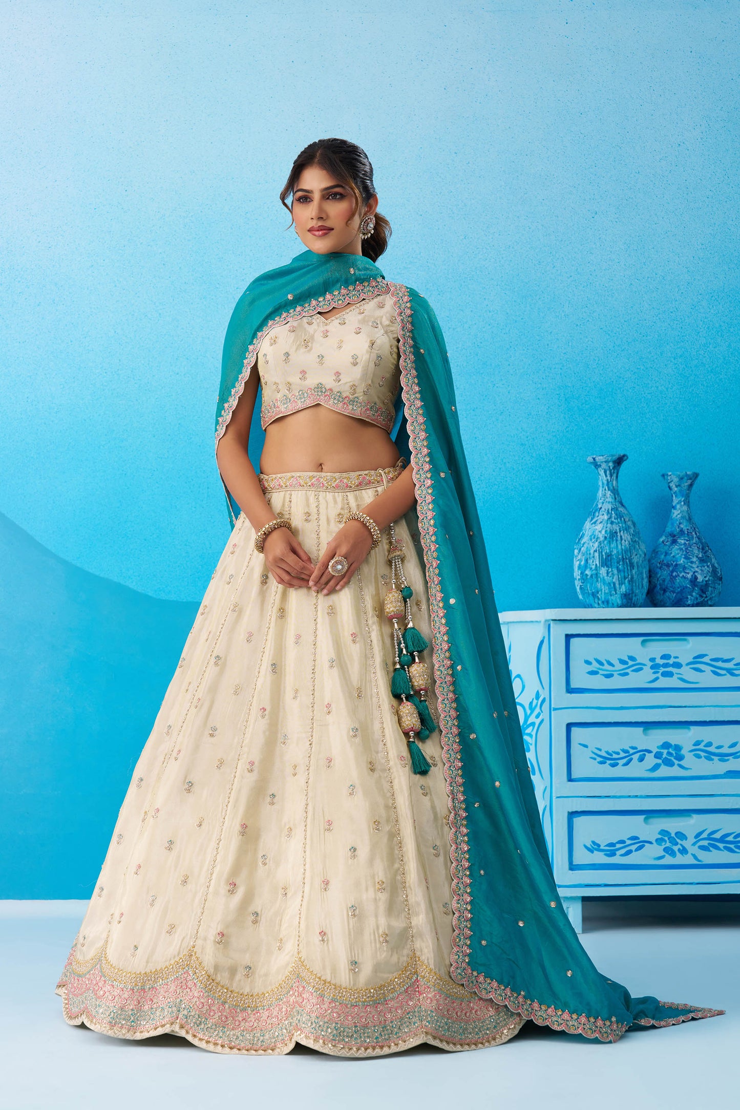 Cream & Rama Green Tissue Sequins Embroidered Lehenga for Guest