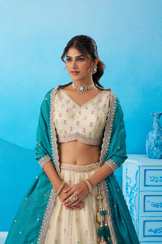 Cream & Rama Green Tissue Sequins Embroidered Lehenga for Guest