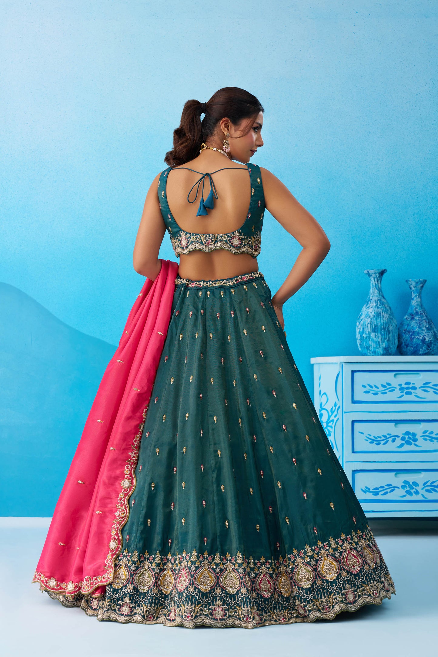 Teal Green Cosmos Silk Beads & Sequins Embroidered Lehenga