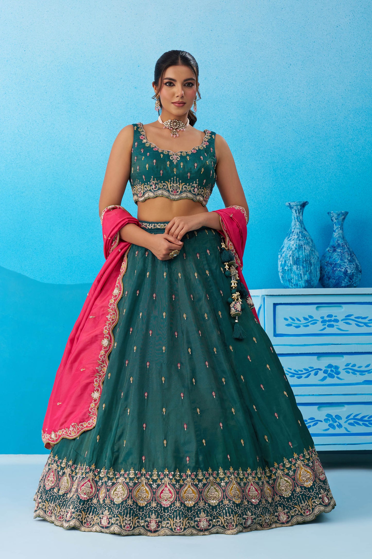 Teal Green Cosmos Silk Beads & Sequins Embroidered Lehenga