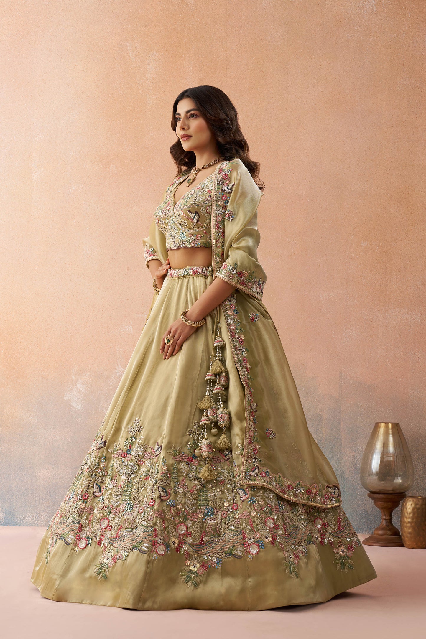 Beige Tissue Sequinned with Zarkan Embroidered Bridesmaid Lehenga for Sangeet