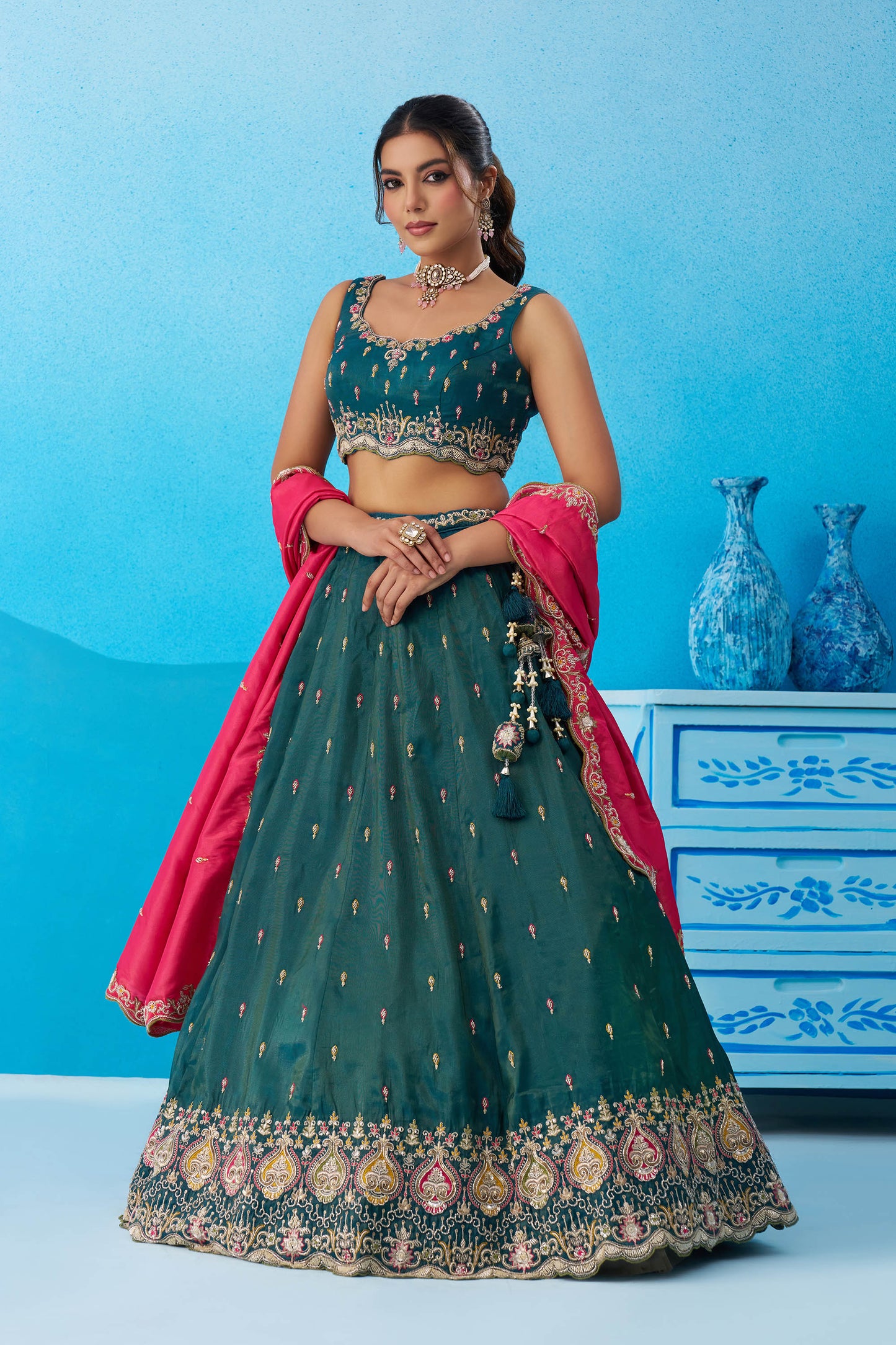 Teal Green Cosmos Silk Beads & Sequins Embroidered Lehenga