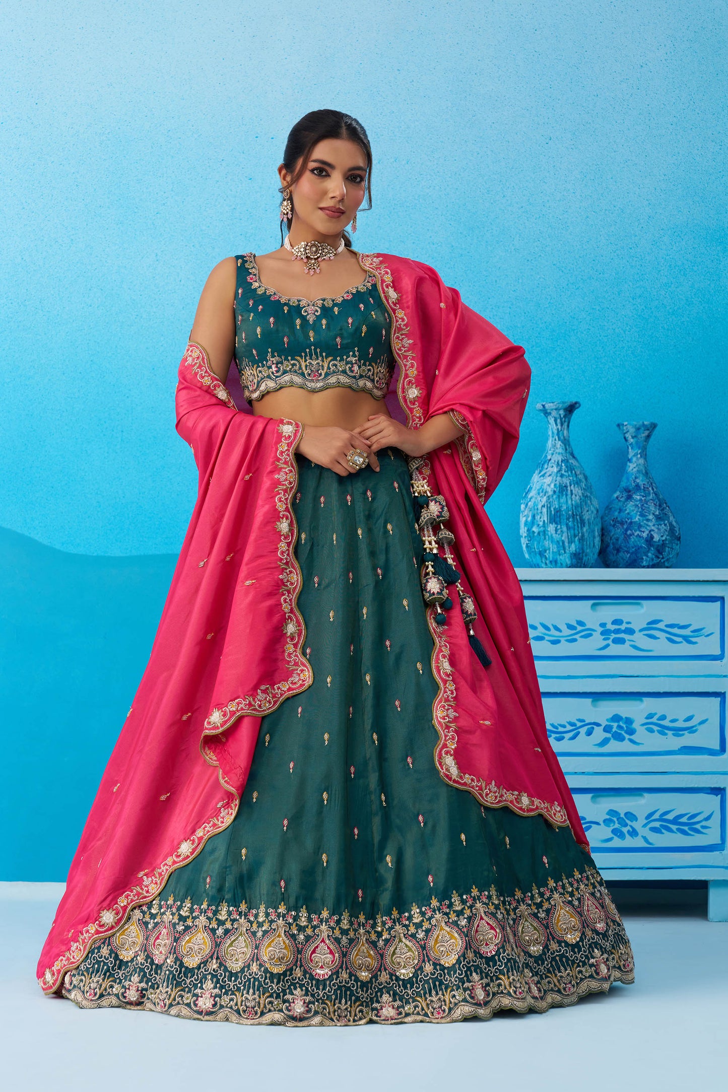Teal Green Cosmos Silk Beads & Sequins Embroidered Lehenga