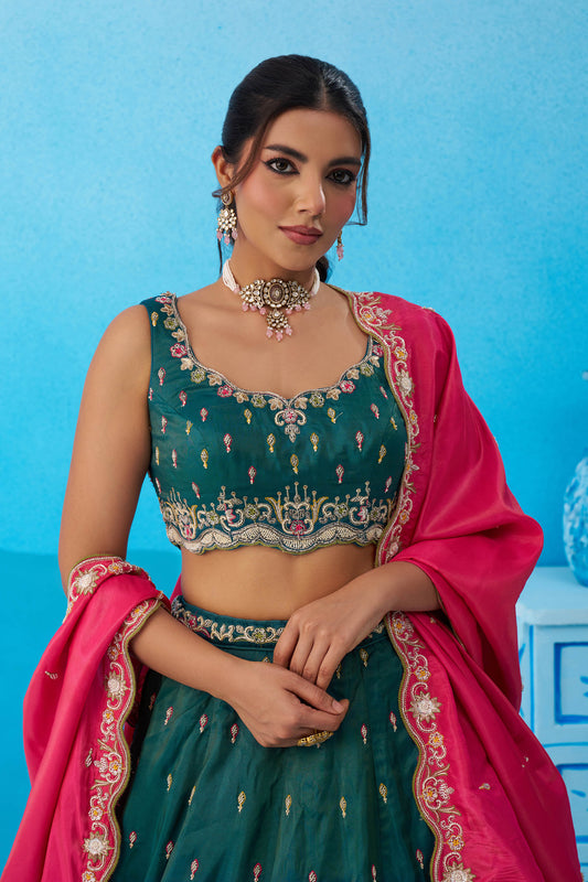 Teal Green Cosmos Silk Beads & Sequins Embroidered Lehenga