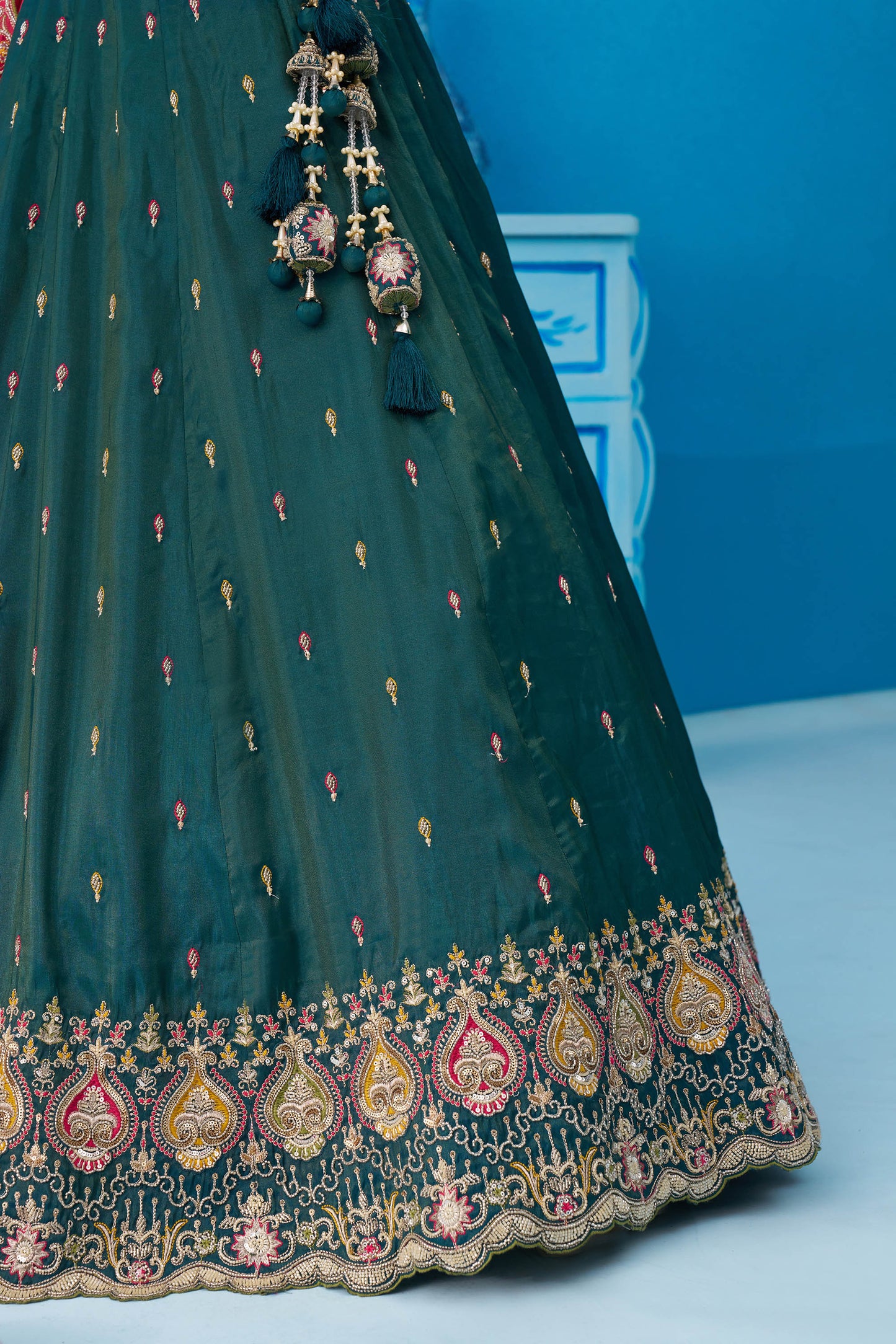 Teal Green Cosmos Silk Beads & Sequins Embroidered Lehenga