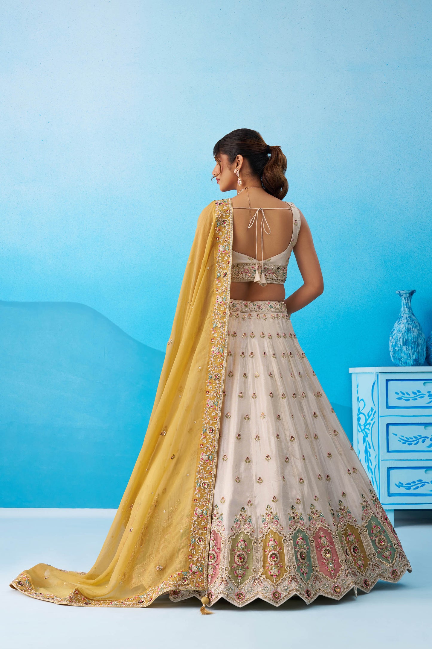 Cream Tissue Patch Work Sangeet Lehenga for Guest