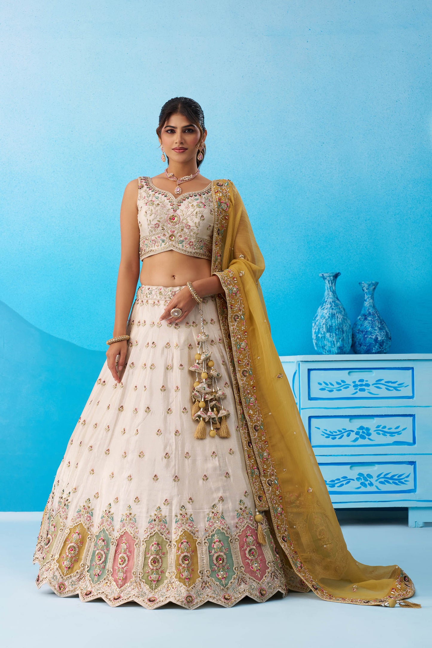 Cream Tissue Patch Work Sangeet Lehenga for Guest