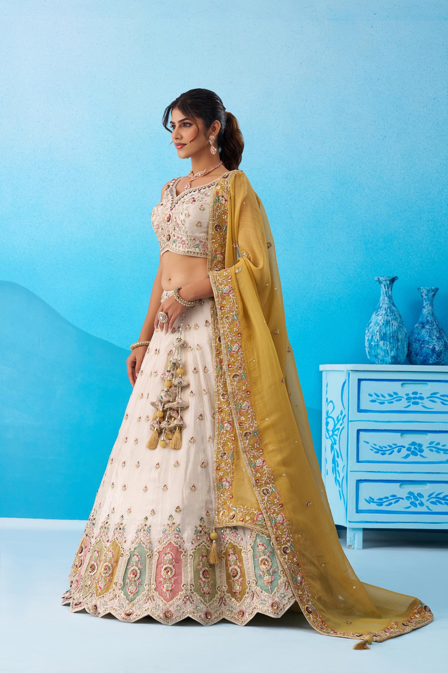 Cream Tissue Patch Work Sangeet Lehenga for Guest