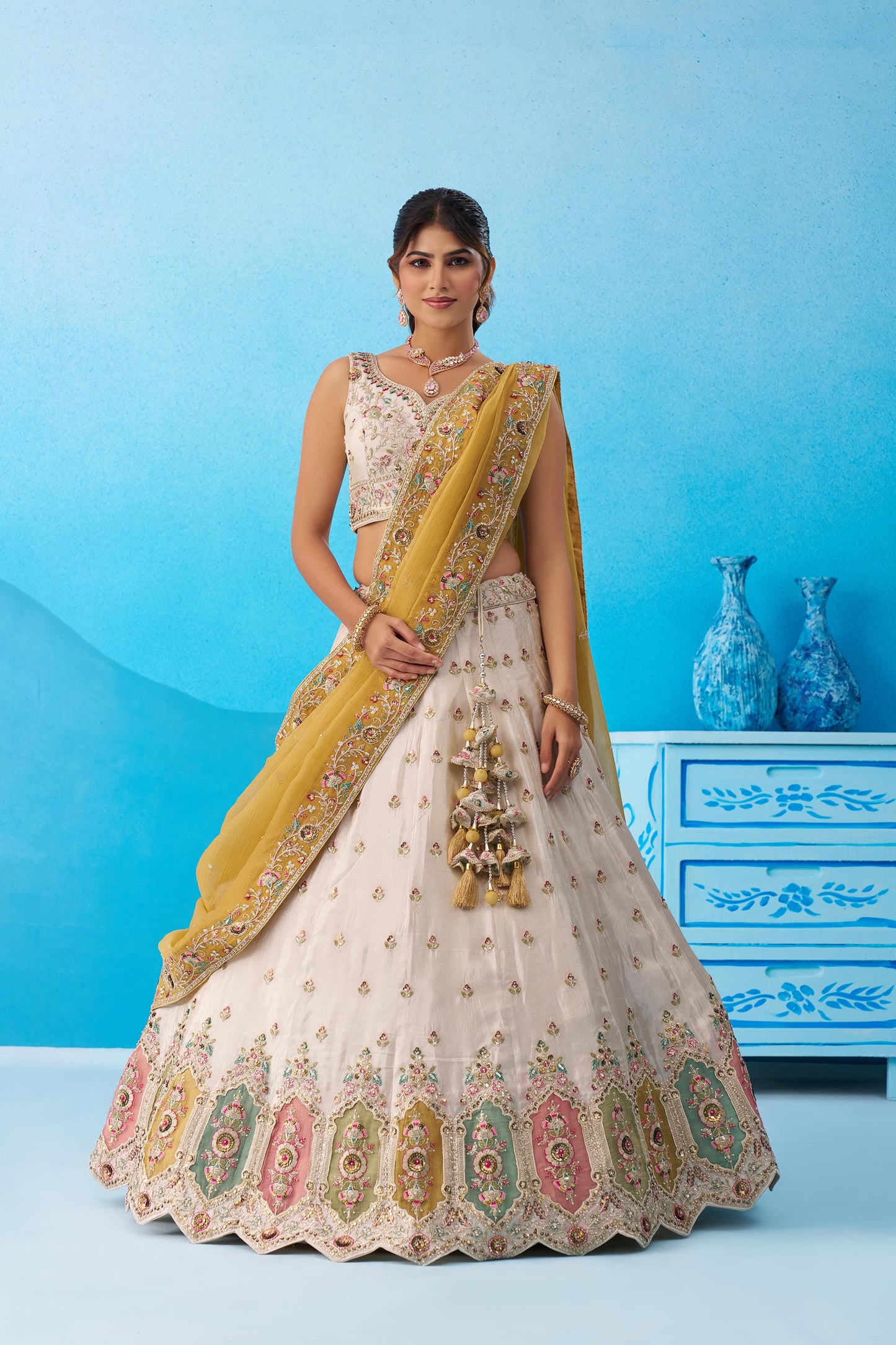 Cream Tissue Patch Work Sangeet Lehenga for Guest