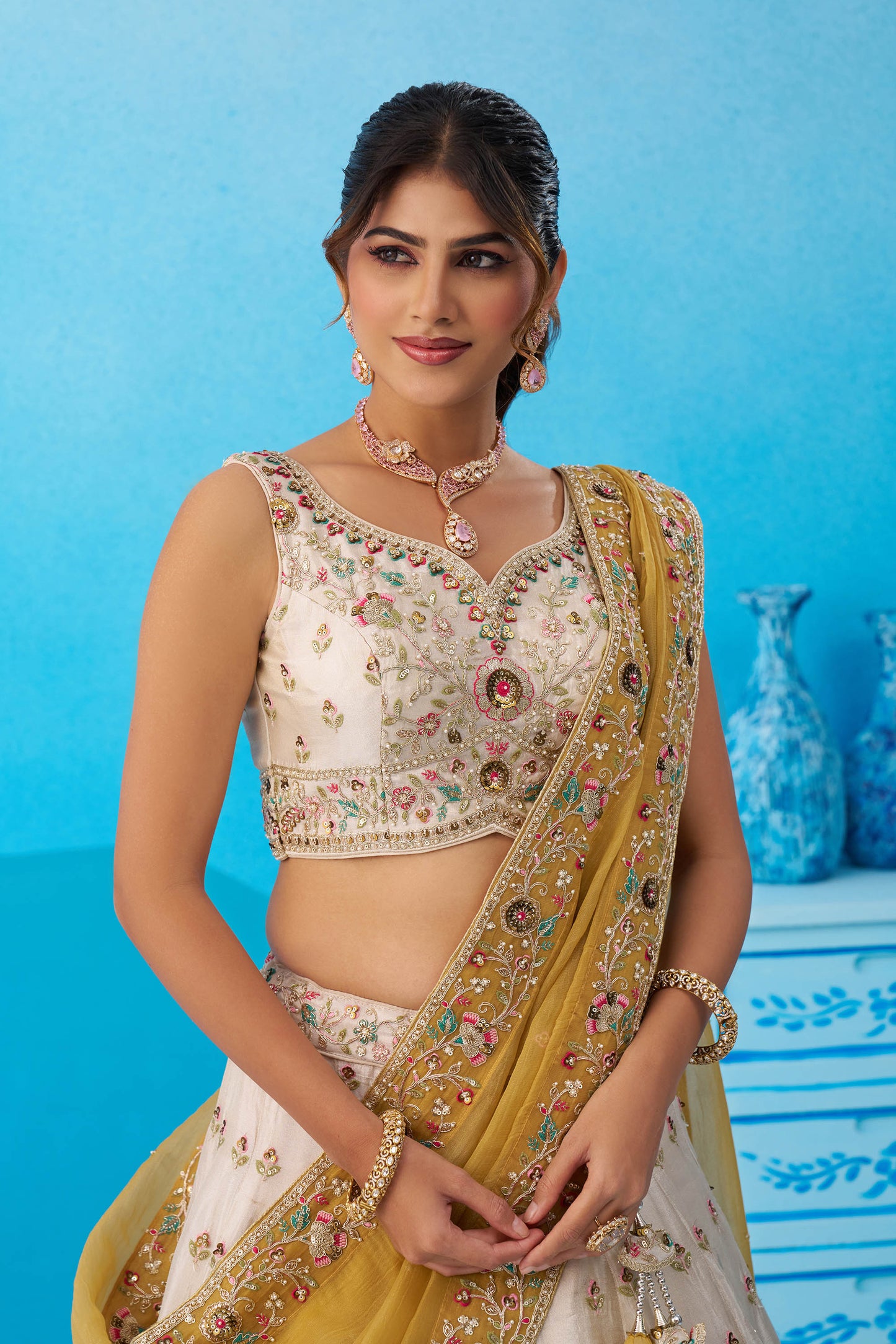 Cream Tissue Patch Work Sangeet Lehenga for Guest