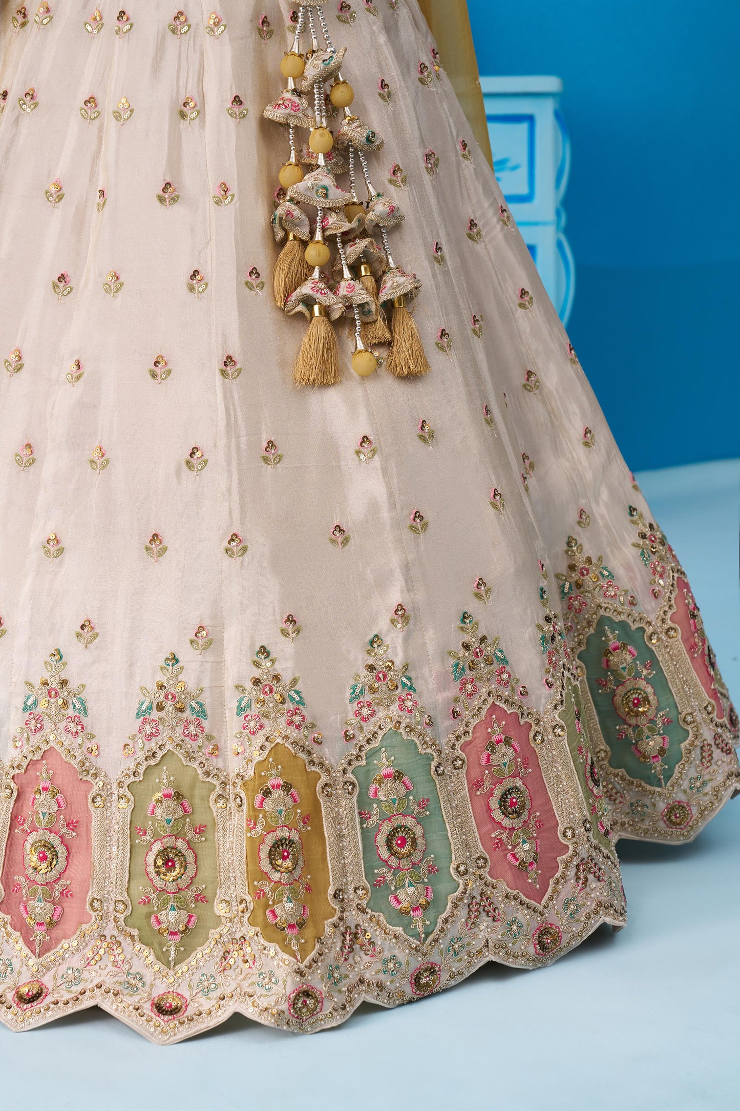 Cream Tissue Patch Work Sangeet Lehenga for Guest
