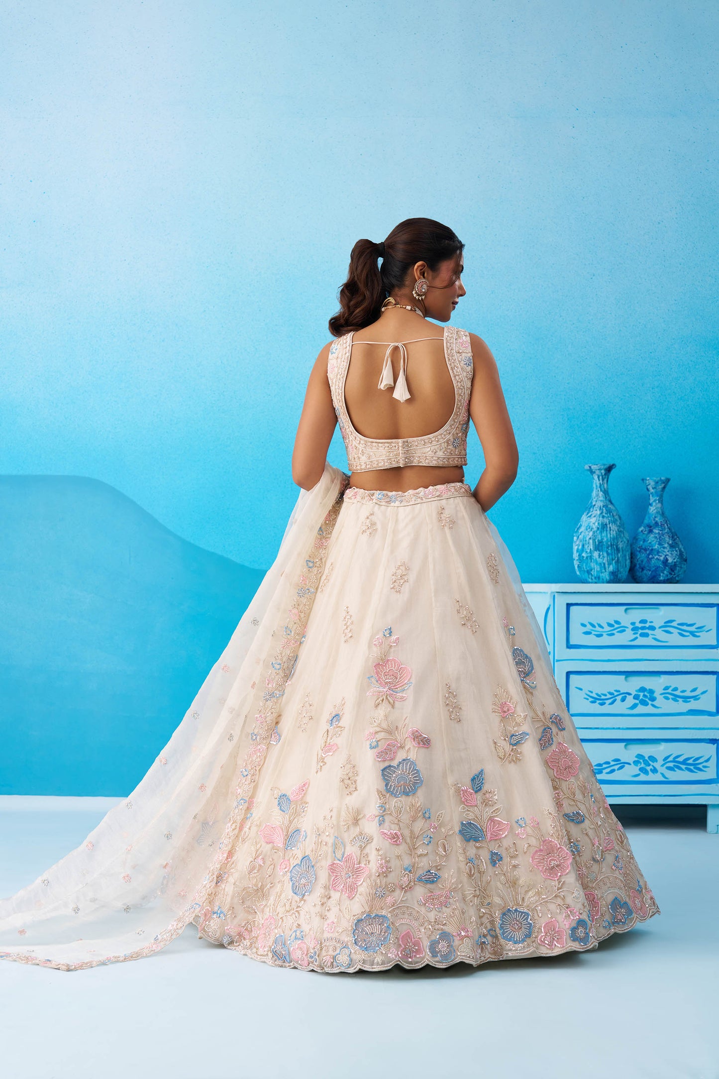 Cream Tissue Beads & Sequinned Floral Embroidered Bridal Lehenga for Engagement