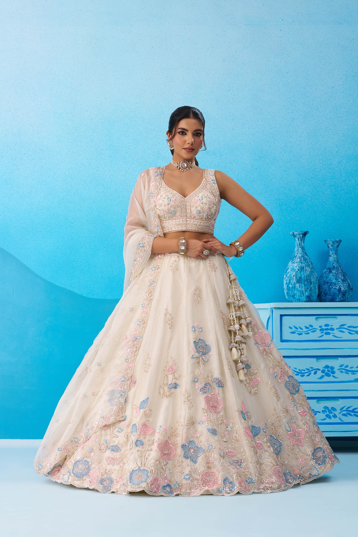 Cream Tissue Beads & Sequinned Floral Embroidered Bridal Lehenga for Engagement