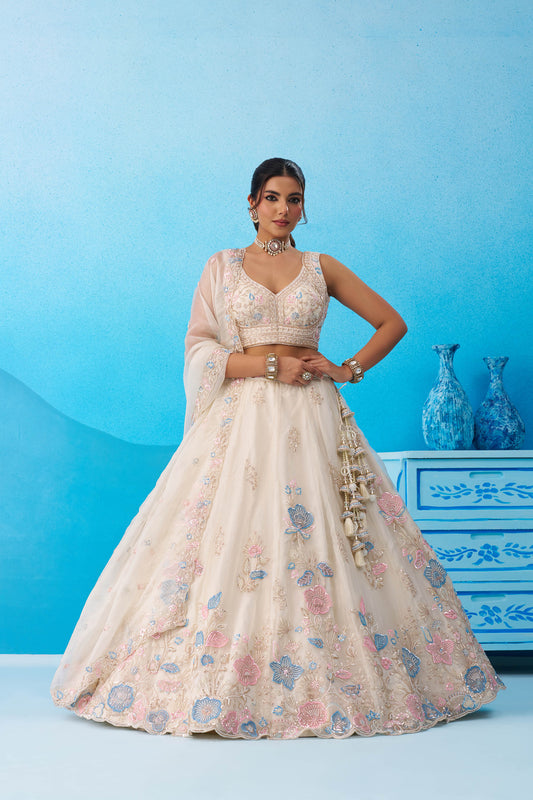 Cream Tissue Beads & Sequinned Floral Embroidered Bridal Lehenga for Engagement