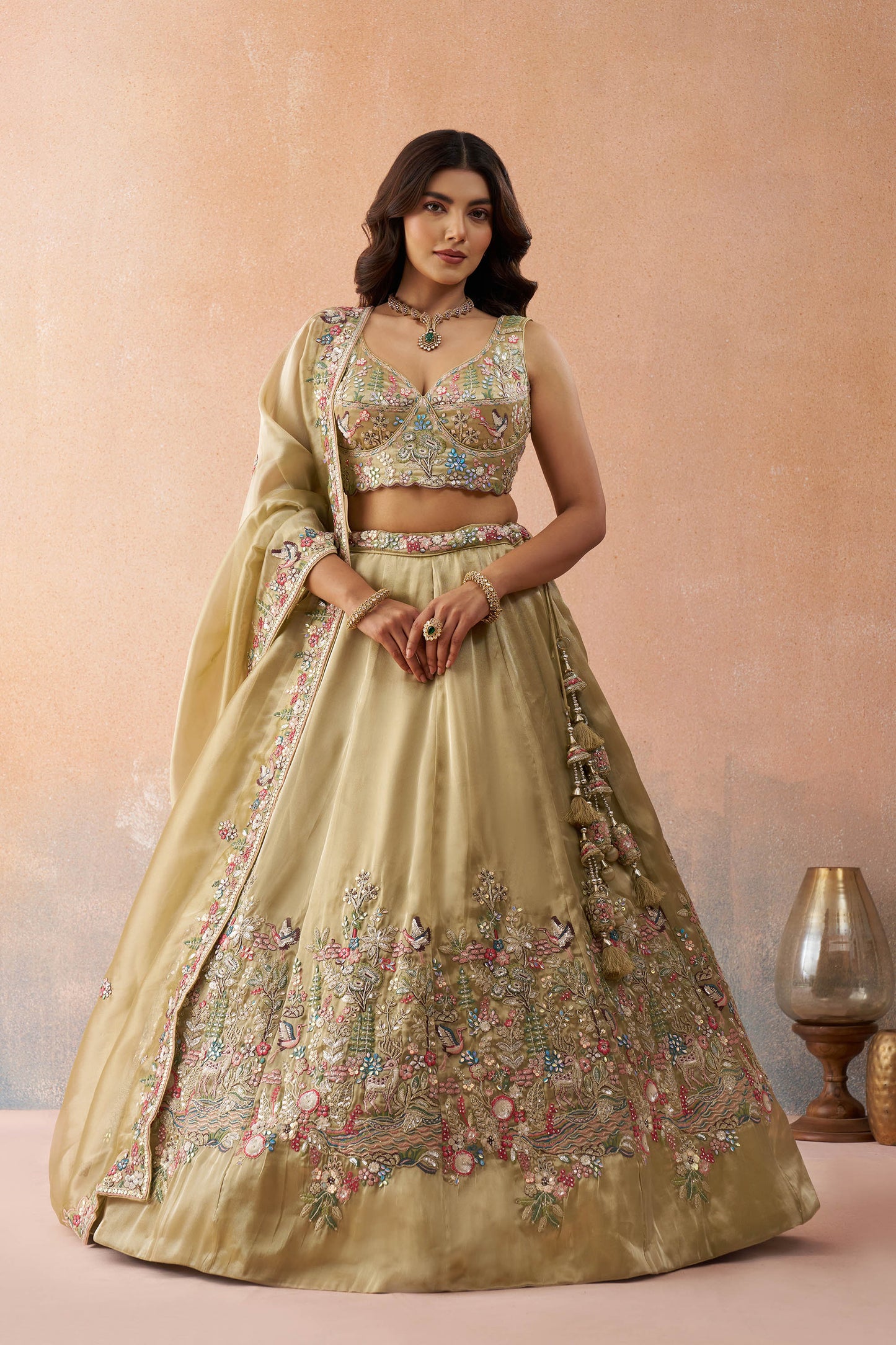 Beige Tissue Sequinned with Zarkan Embroidered Bridesmaid Lehenga for Sangeet