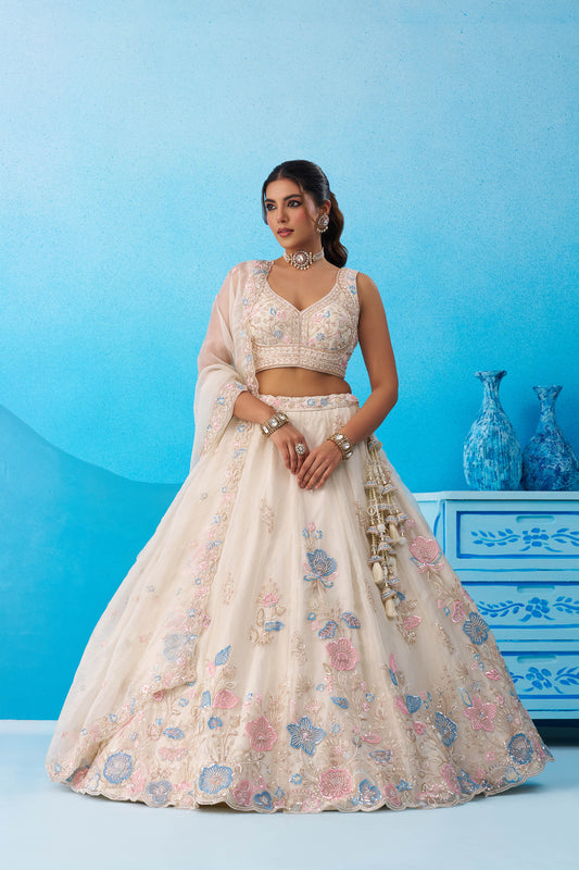 Cream Tissue Beads & Sequinned Floral Embroidered Bridal Lehenga for Engagement