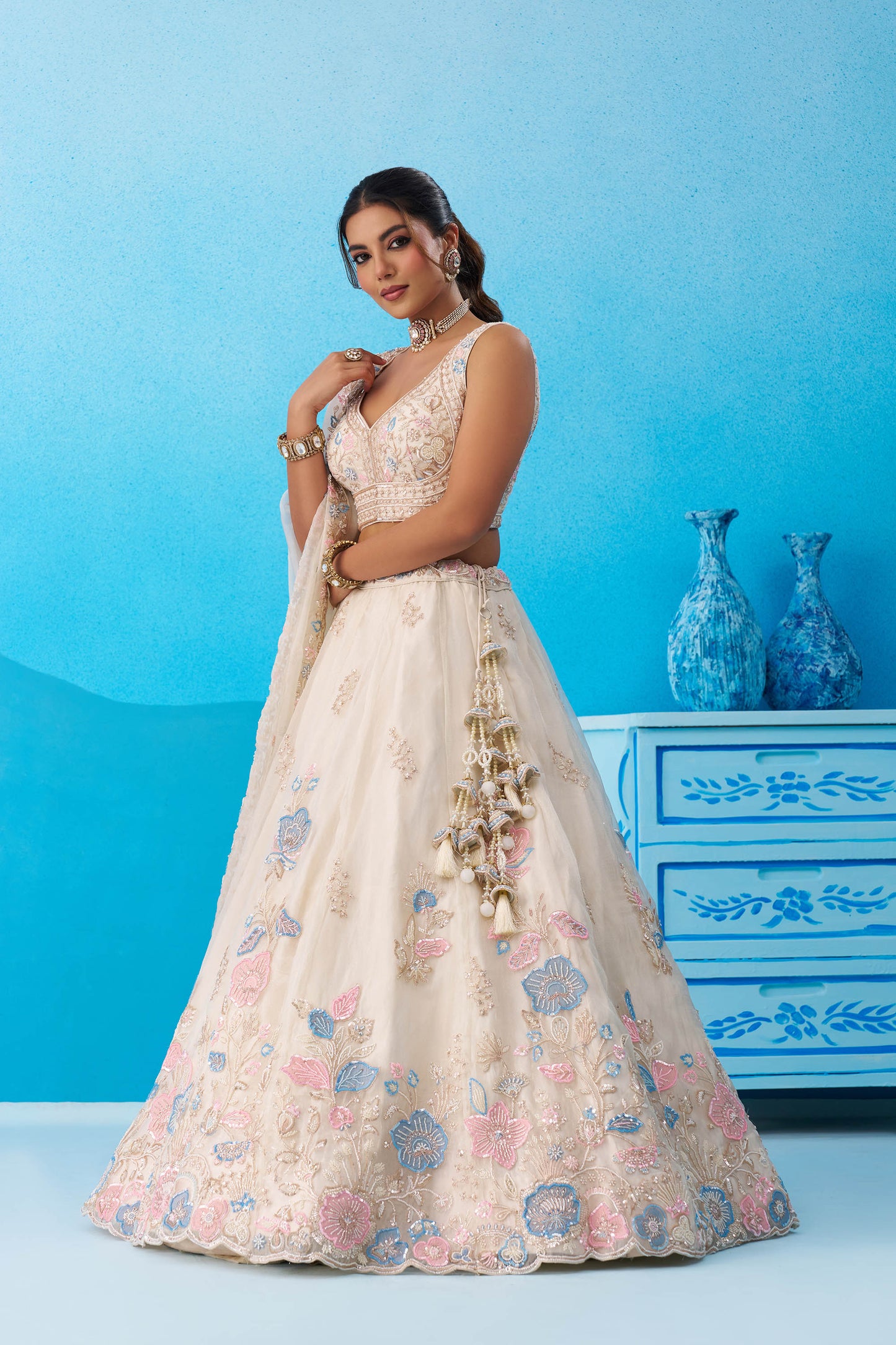 Cream Tissue Beads & Sequinned Floral Embroidered Bridal Lehenga for Engagement