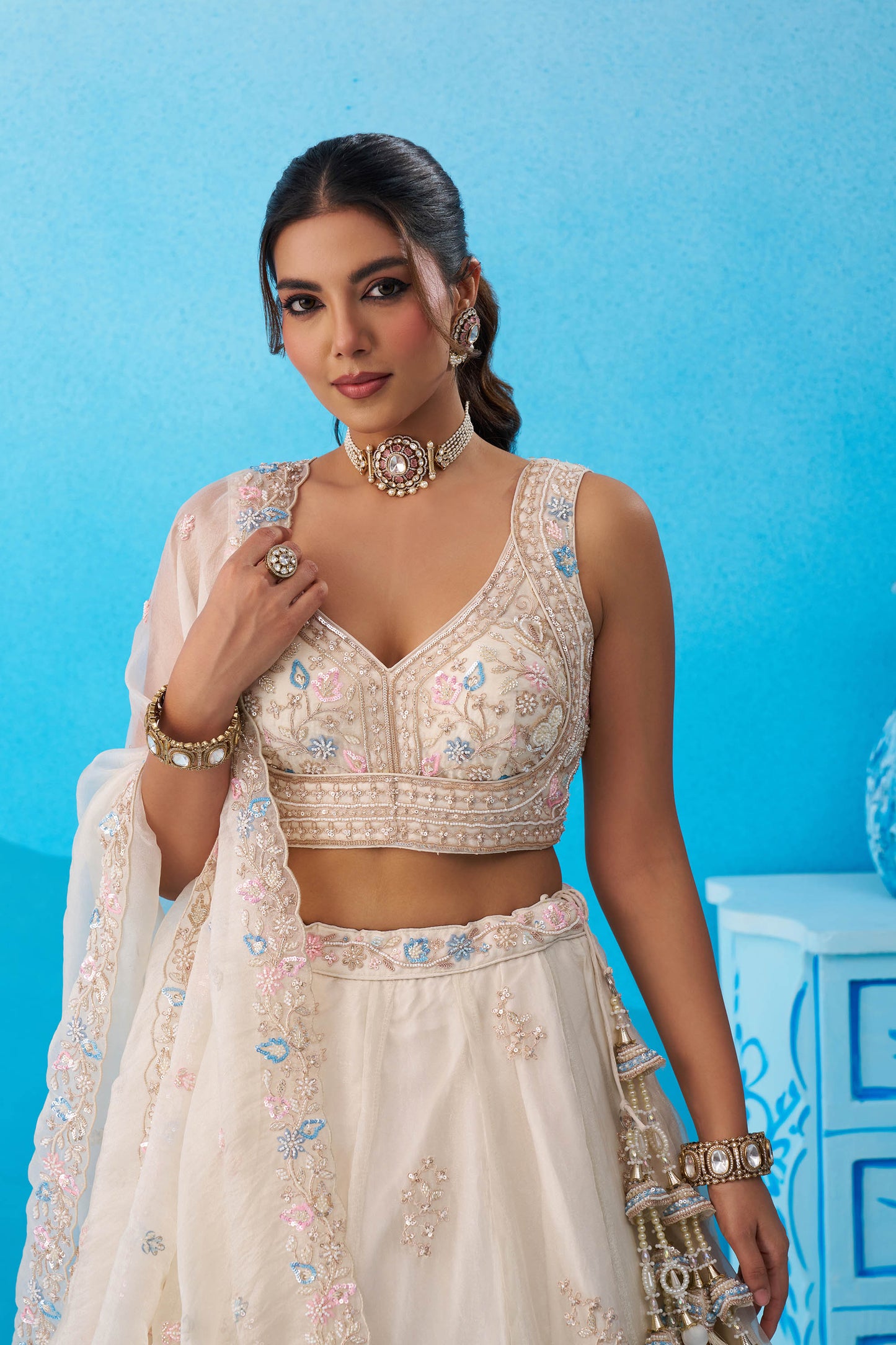 Cream Tissue Beads & Sequinned Floral Embroidered Bridal Lehenga for Engagement
