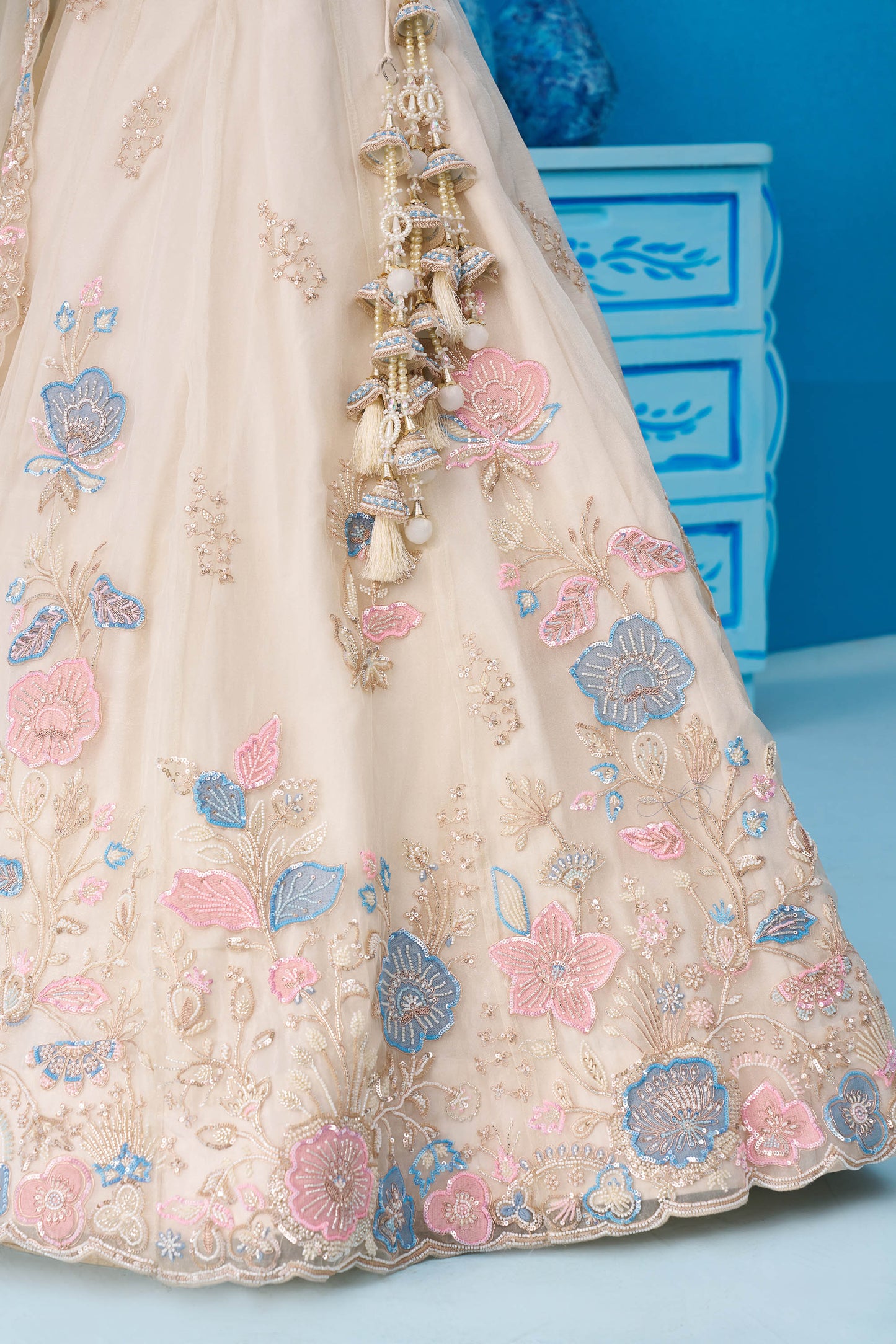 Cream Tissue Beads & Sequinned Floral Embroidered Bridal Lehenga for Engagement