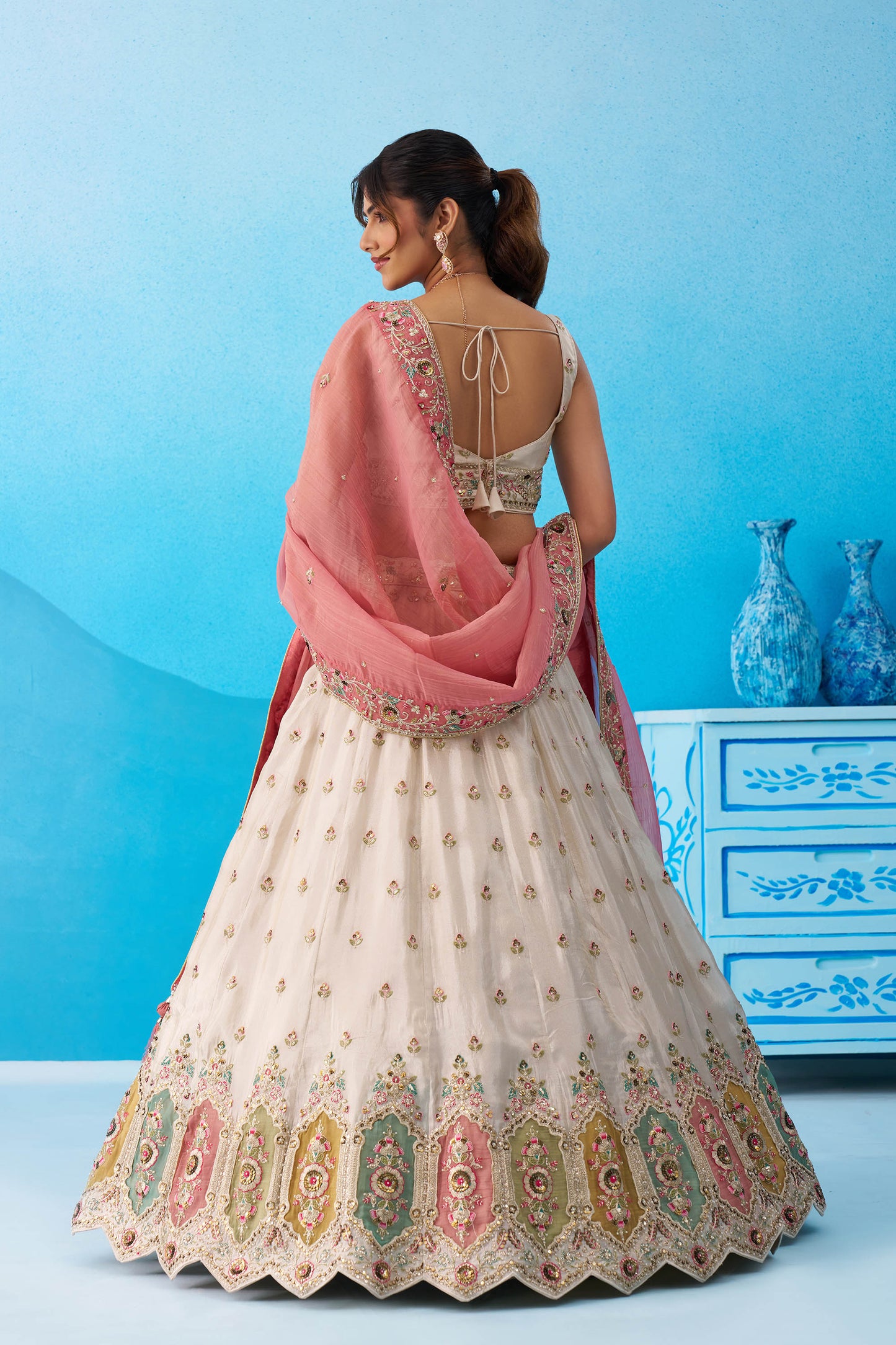 Cream & Pink Tissue Patch Work Sangeet Lehenga for Guest