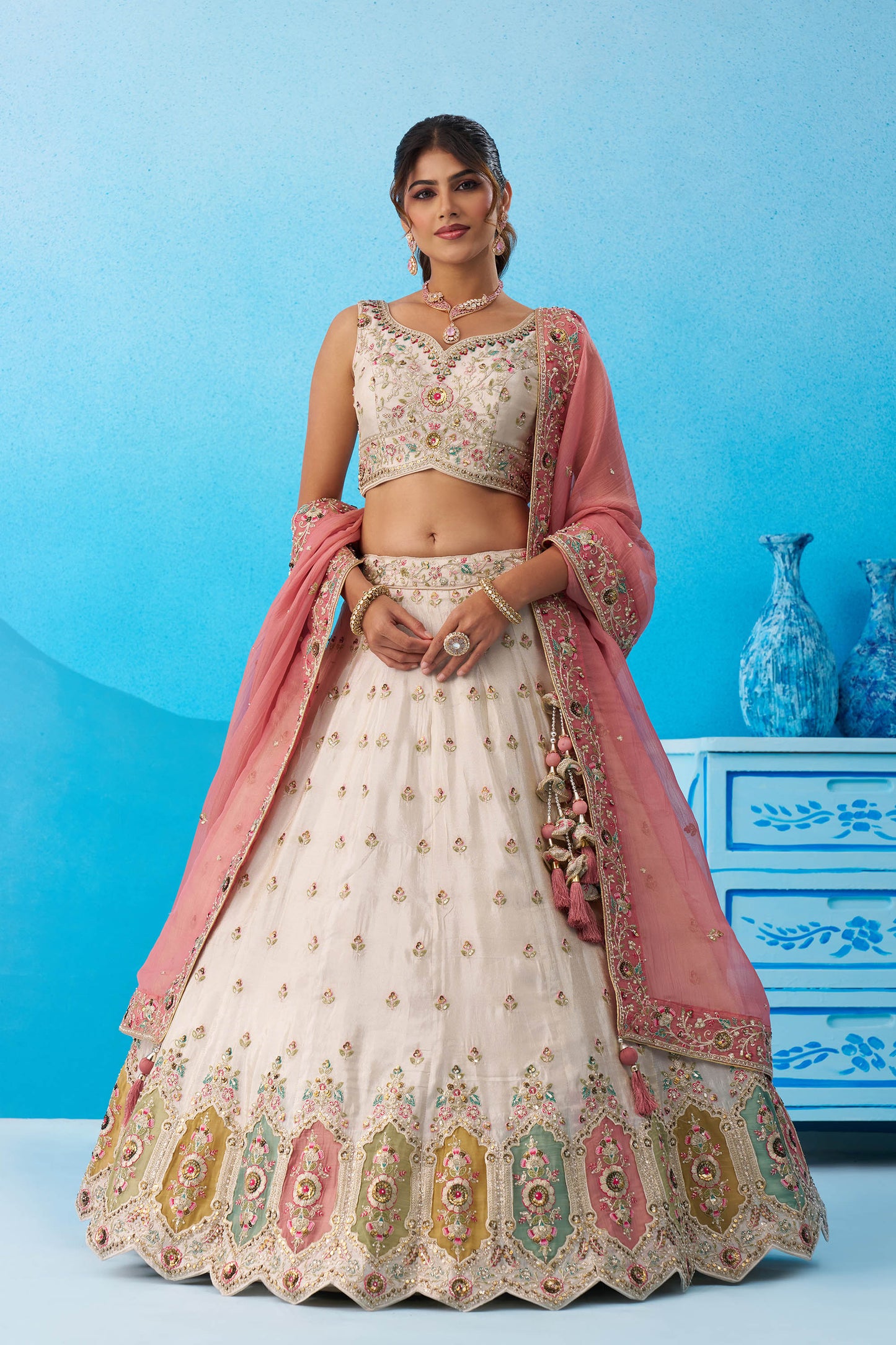Cream & Pink Tissue Patch Work Sangeet Lehenga for Guest