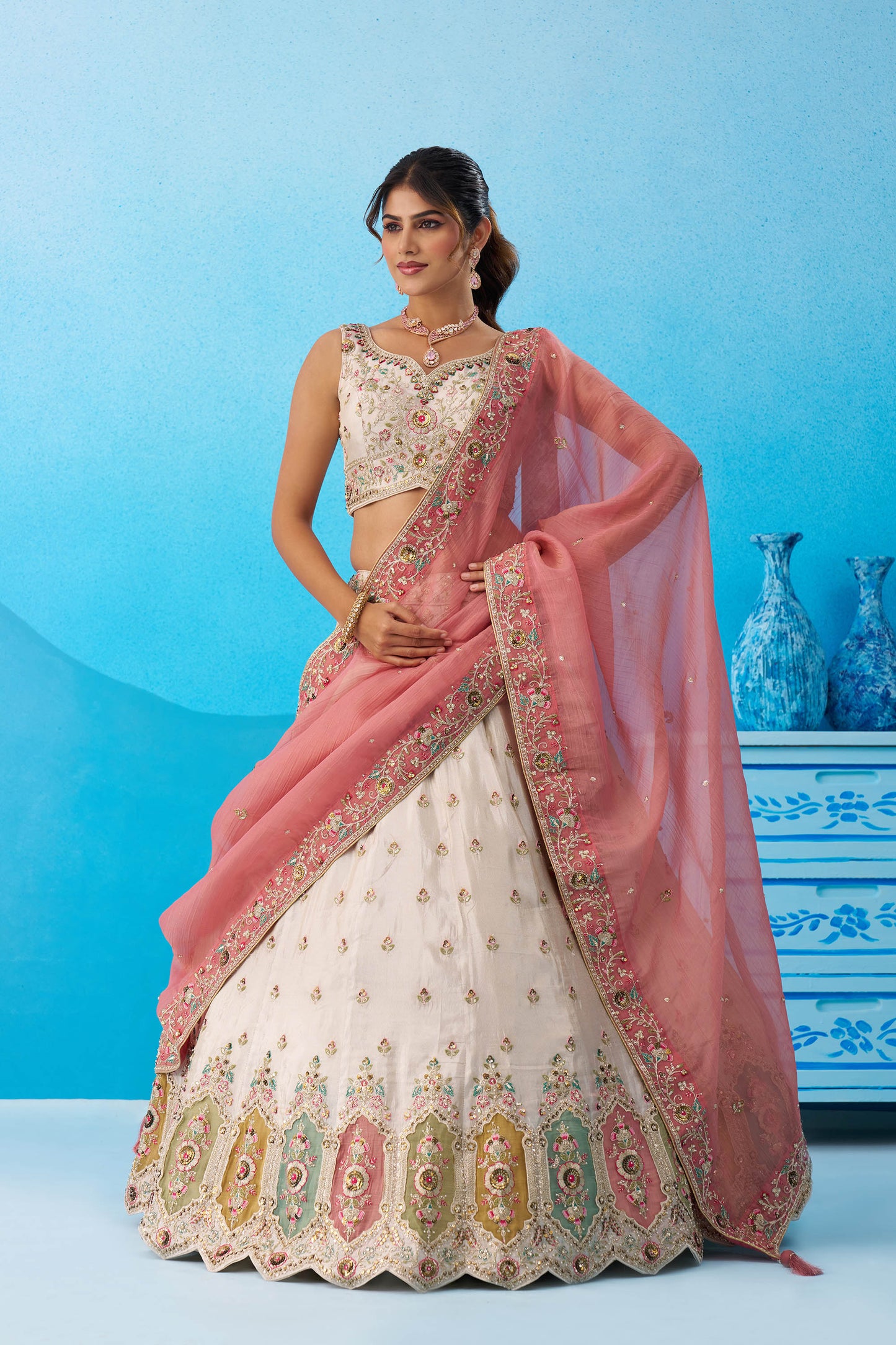Cream & Pink Tissue Patch Work Sangeet Lehenga for Guest