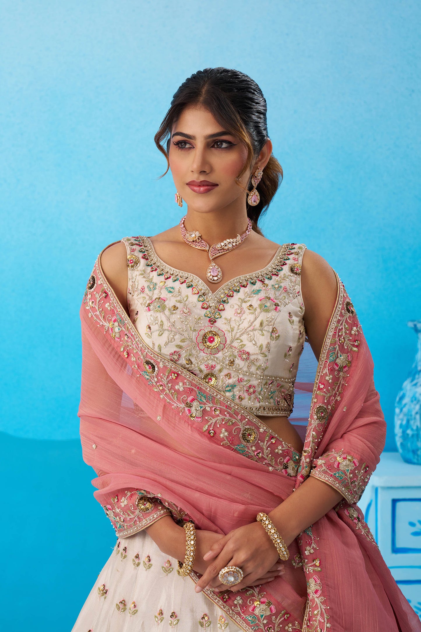 Cream & Pink Tissue Patch Work Sangeet Lehenga for Guest