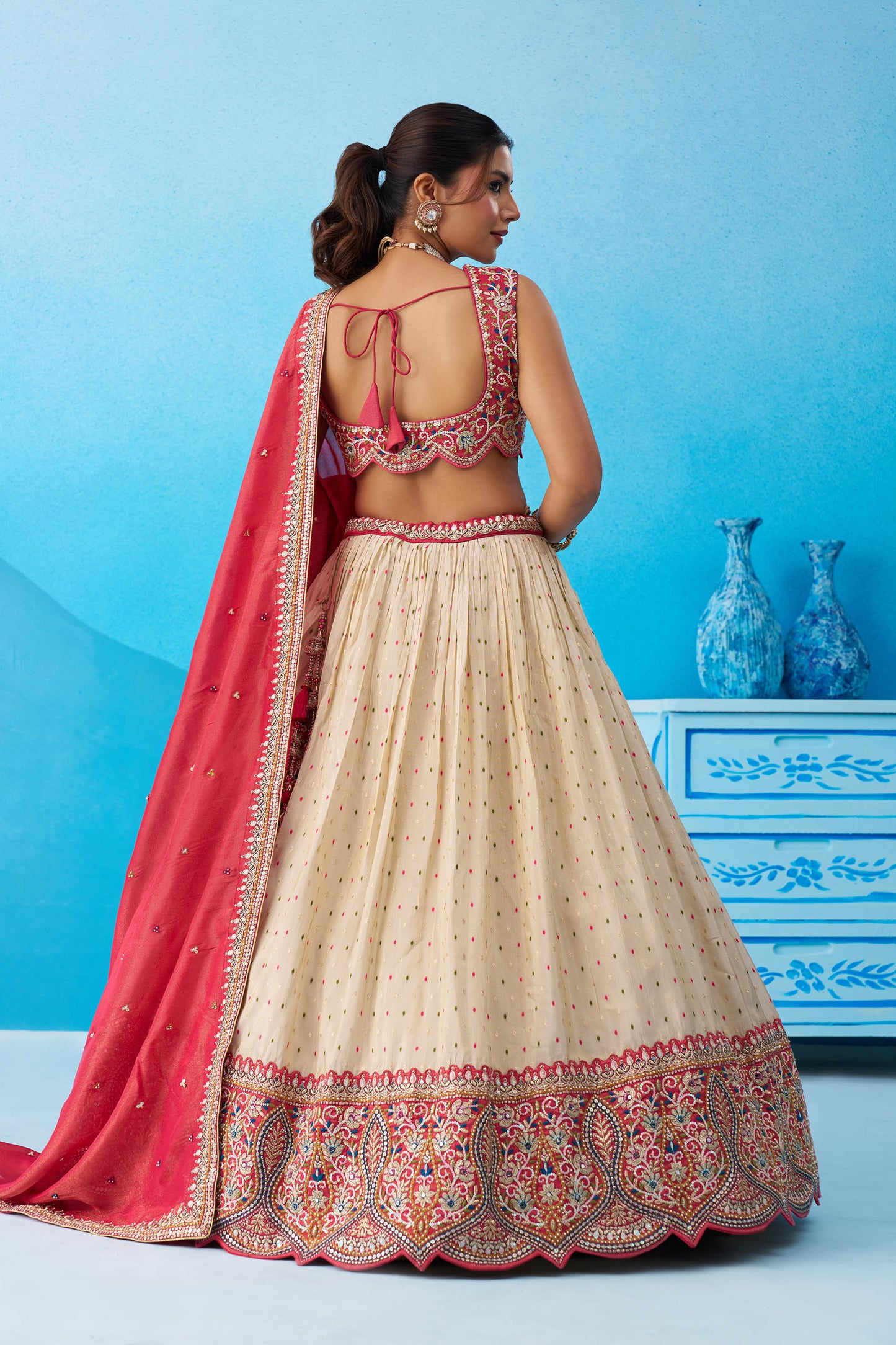 Cream Jacquard Tissue Sequinned Thread & Embroidered Bridesmaid Lehenga