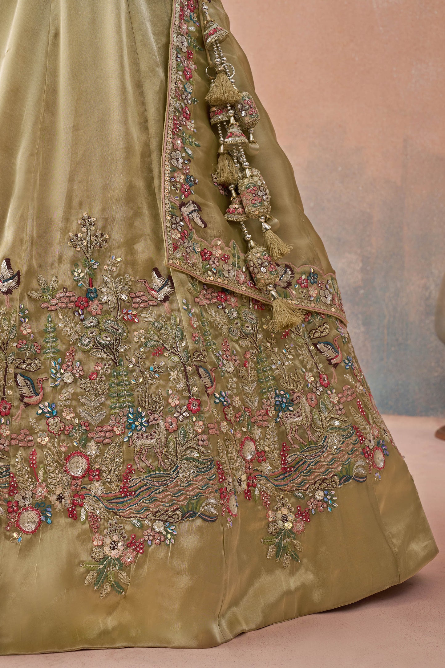 Beige Tissue Sequinned with Zarkan Embroidered Bridesmaid Lehenga for Sangeet