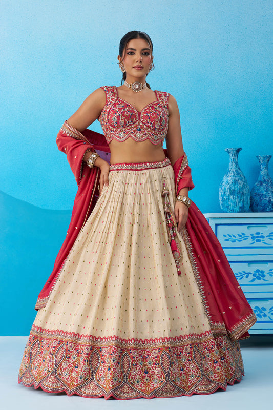 Cream Jacquard Tissue Sequinned Thread & Embroidered Bridesmaid Lehenga