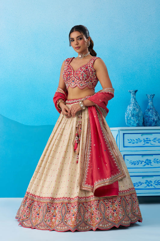Cream Jacquard Tissue Sequinned Thread & Embroidered Bridesmaid Lehenga