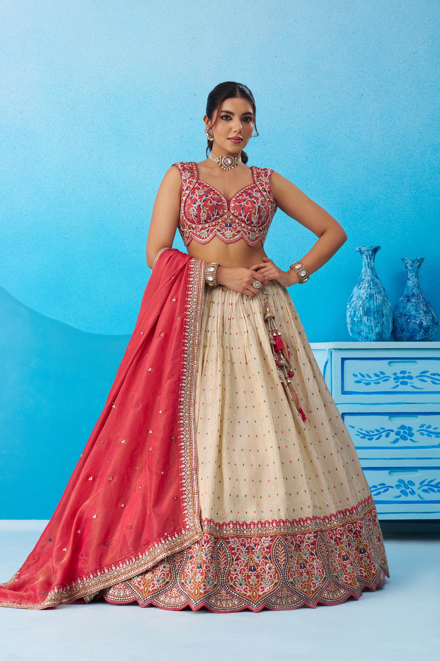Cream Jacquard Tissue Sequinned Thread & Embroidered Bridesmaid Lehenga