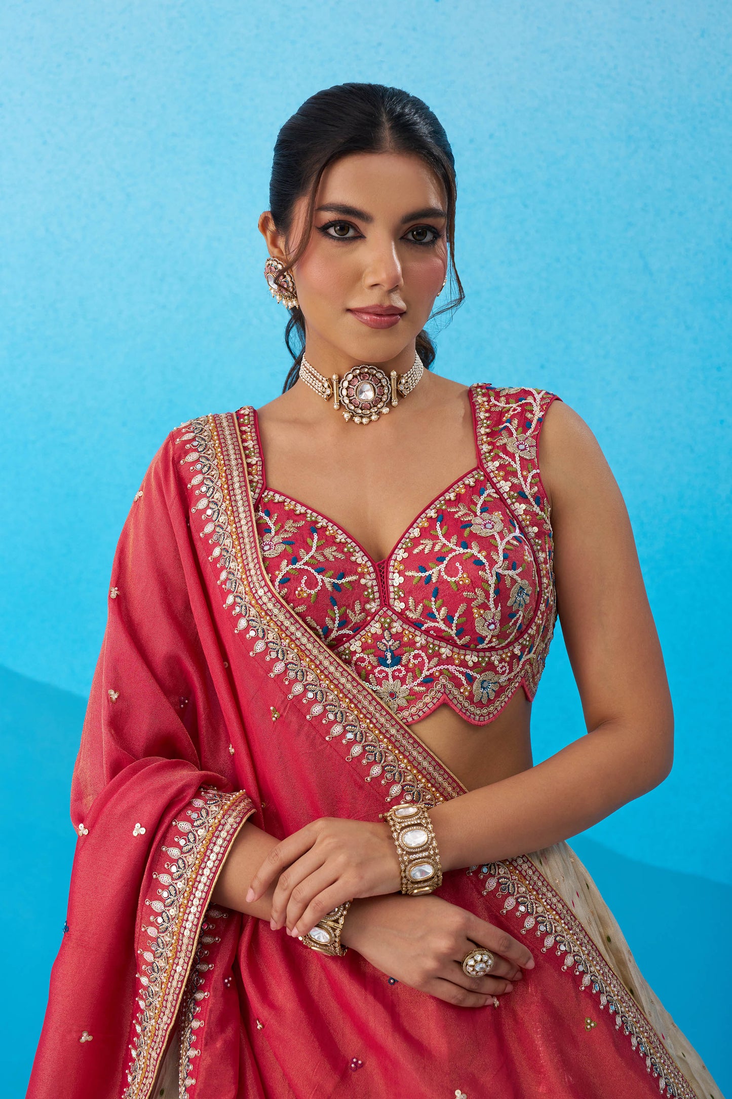 Cream Jacquard Tissue Sequinned Thread & Embroidered Bridesmaid Lehenga