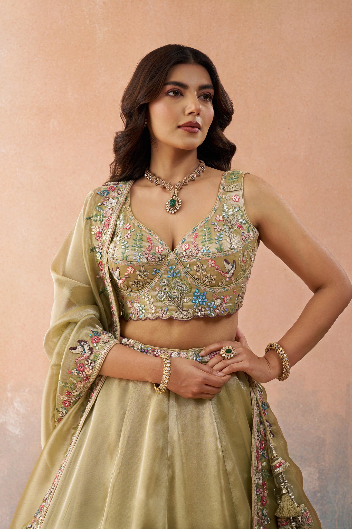 Beige Tissue Sequinned with Zarkan Embroidered Bridesmaid Lehenga for Sangeet