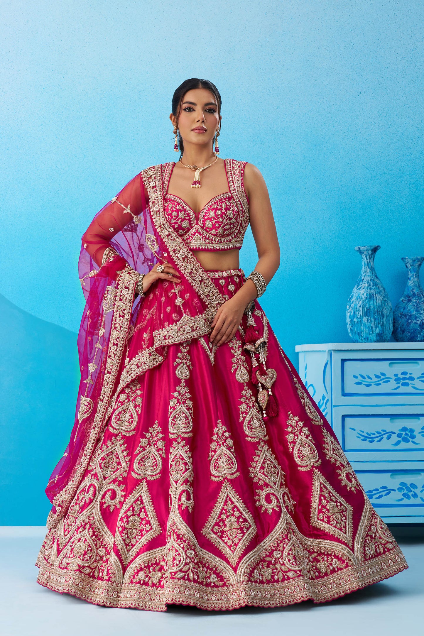 Pink Silk Beads & Sequins Embroidered Bridal Lehenga