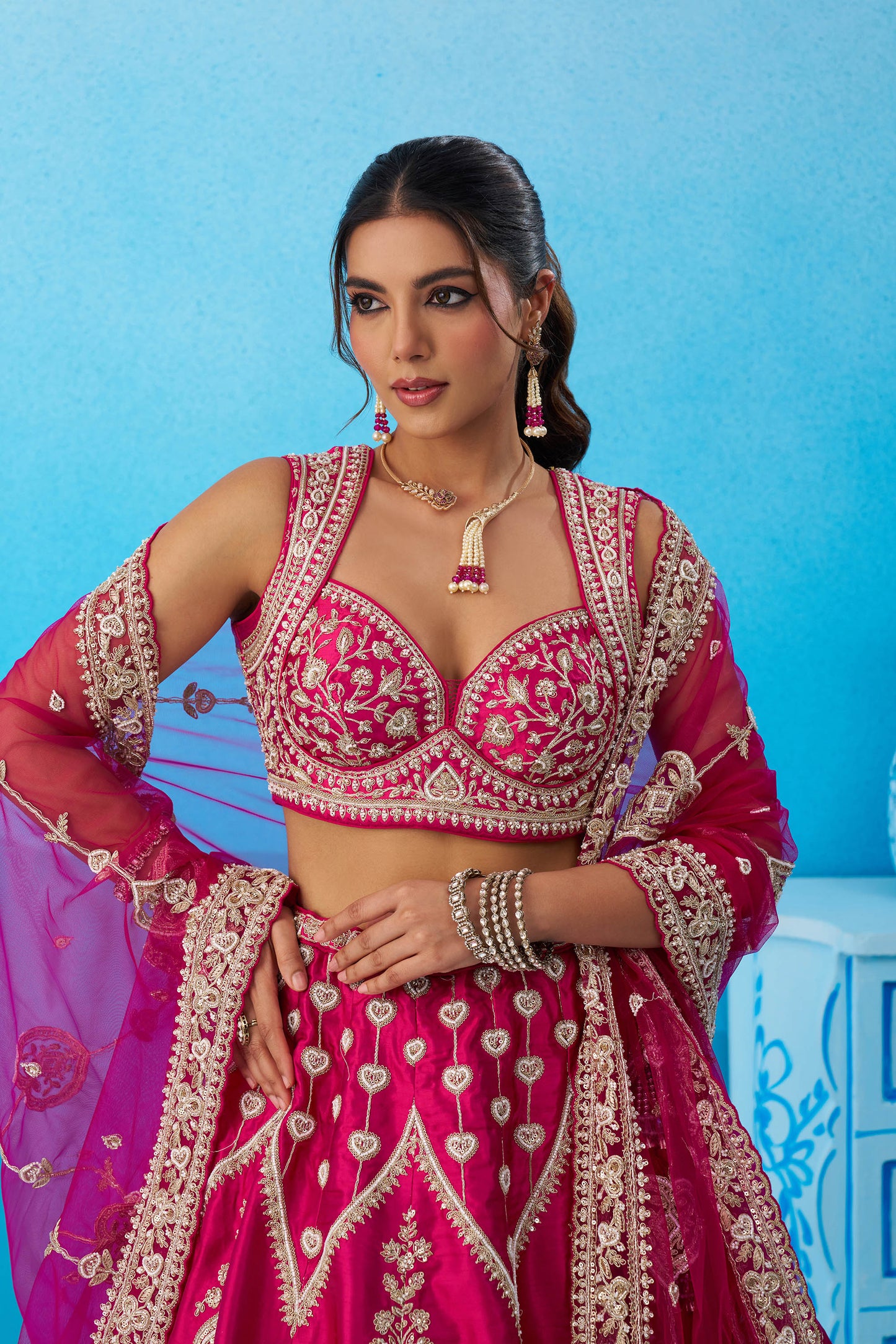Pink Silk Beads & Sequins Embroidered Bridal Lehenga