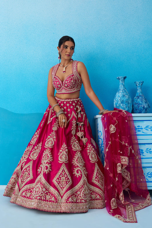 Pink Silk Beads & Sequins Embroidered Bridal Lehenga